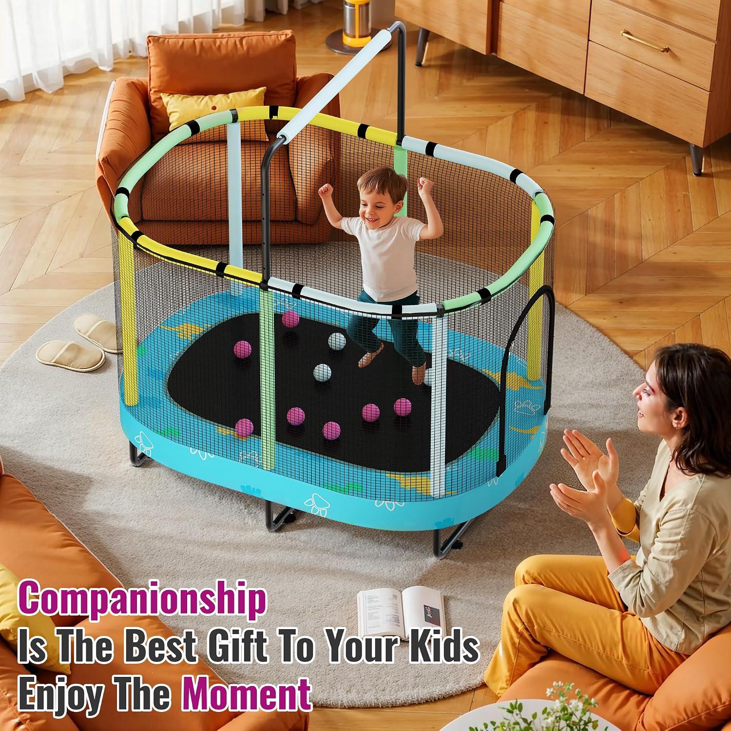 Lamerge Kids Trampoline, Indoor Trampoline Approved by ASTM, Safety Enclosure Net and Adjustable Handrail, 1-8 Children, 500lbs Capacity, 7-in-1, 60'