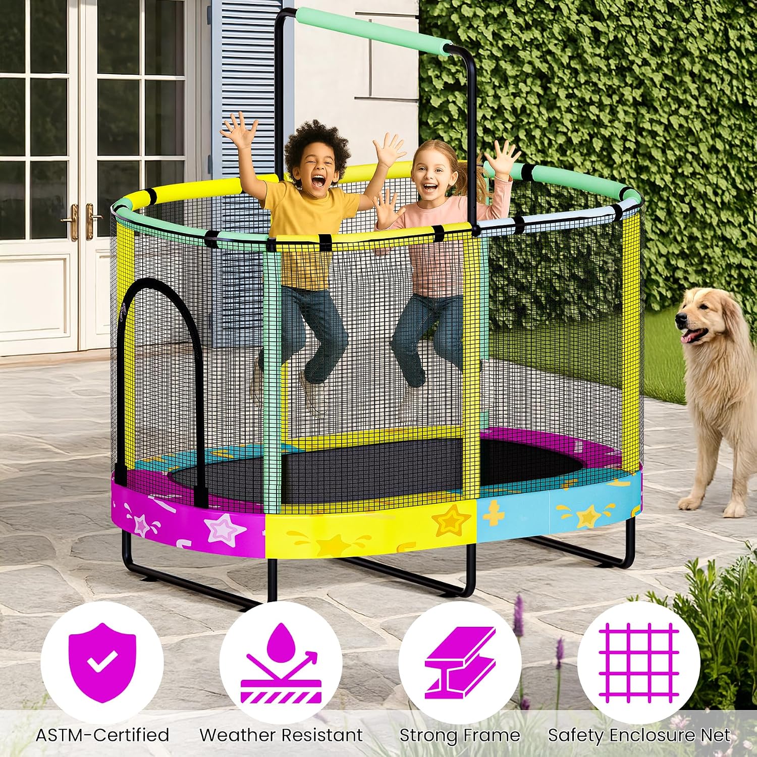 Lamerge Kids Trampoline, Indoor Trampoline Approved by ASTM, Safety Enclosure Net and Adjustable Handrail, 1-8 Children, 500lbs Capacity, 7-in-1, 60'