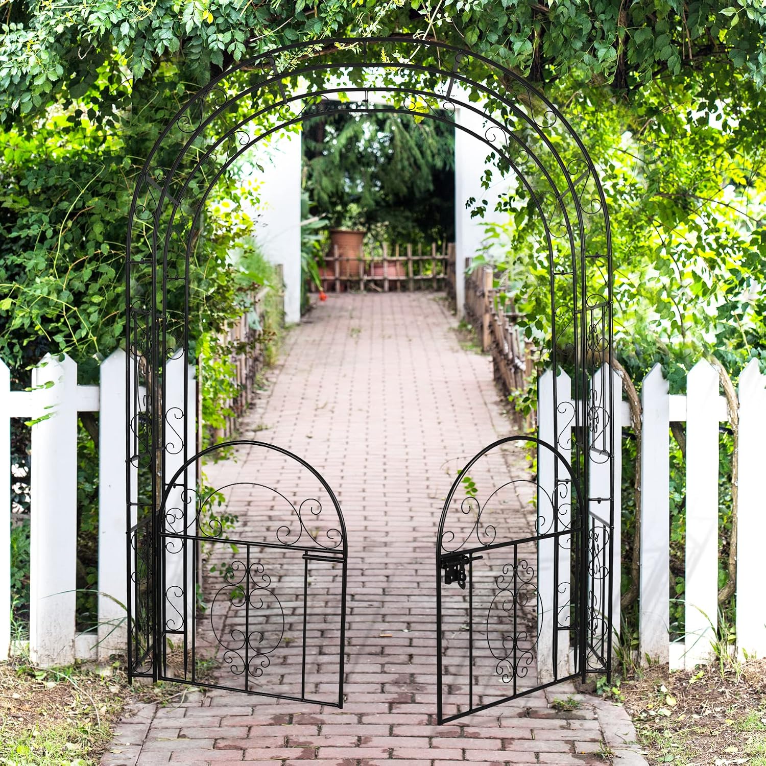 84in High Metal Garden Arbor with Gate, Heavy Duty Wide Garden Arch, Metal Arch Trellis with Gate for Climbing Plant, Wedding, Outdoor Patio Decor, Black(84'x52.4'x19')
