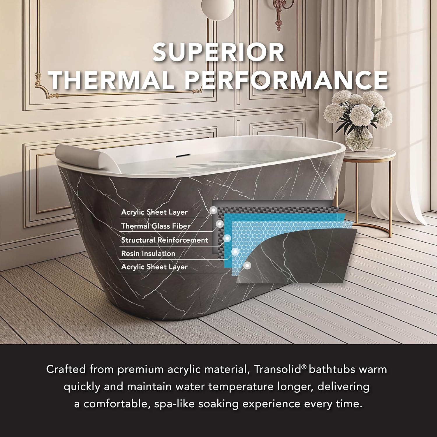 Transolid Finley 59 in. x 28.75 in. Freestanding Soaking Acrylic Bathtub with Center Drain in Gloss Two-Tone Marble Grey and White with Pillow K-AFTF5929-G31M40