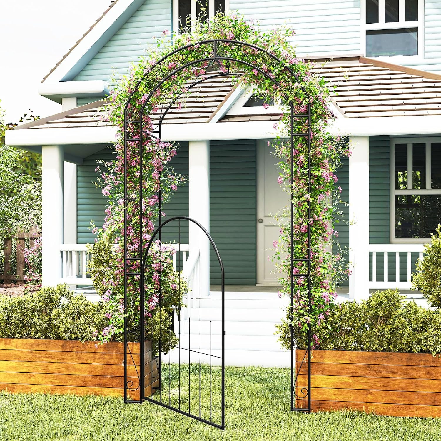 HAPPYGRILL 84' Garden Arbor with Gate & Climbing Trellises, Metal Garden Arch Archway for Outdoor Climbing Plant Rose Vine, Wedding Arch for Ceremony, Backyard Lawn Party Decor Patio Entrance