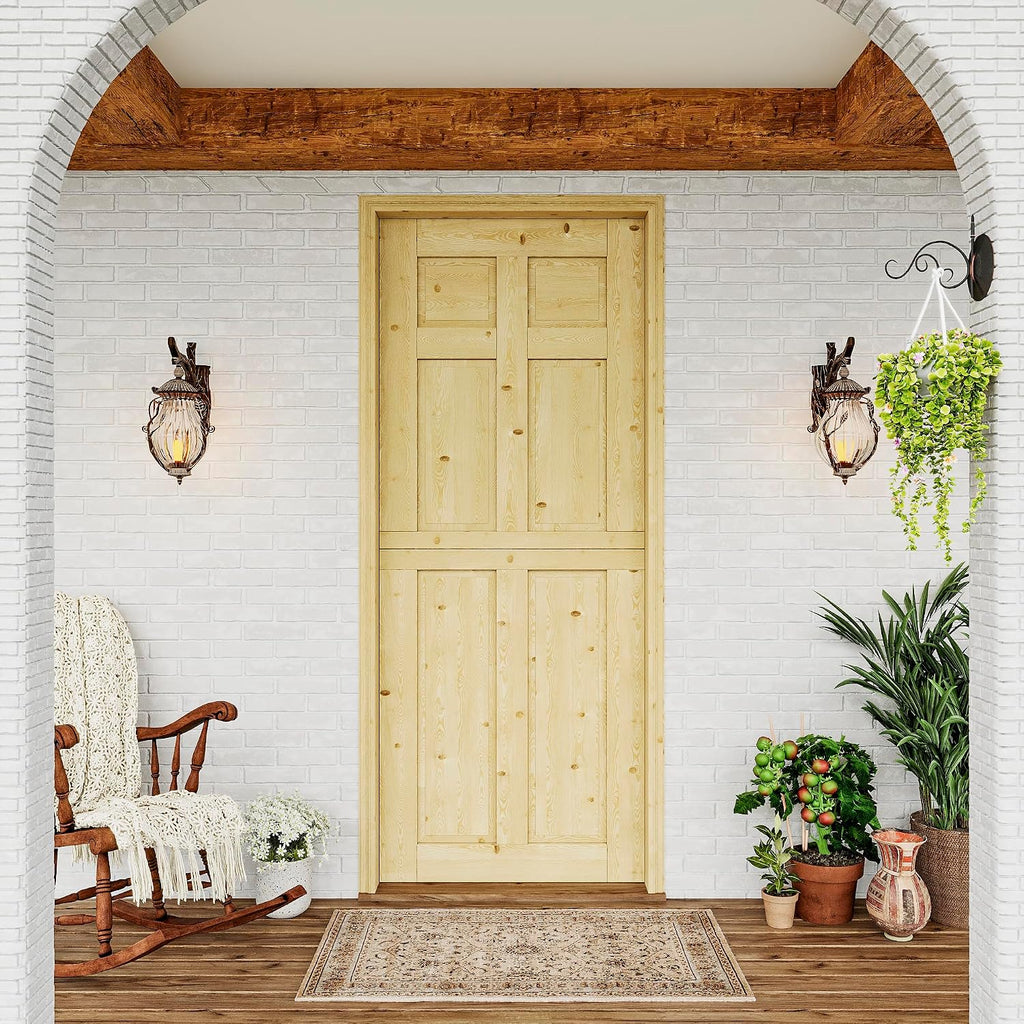Exterior Dutch Door Slab, 32' x 80', Universal 6 Lite Panel Split Single Doors, Solid Core Home Door, Natural Pine Wood - with 4 Black Hinges & 1 Latch, Without Jamb