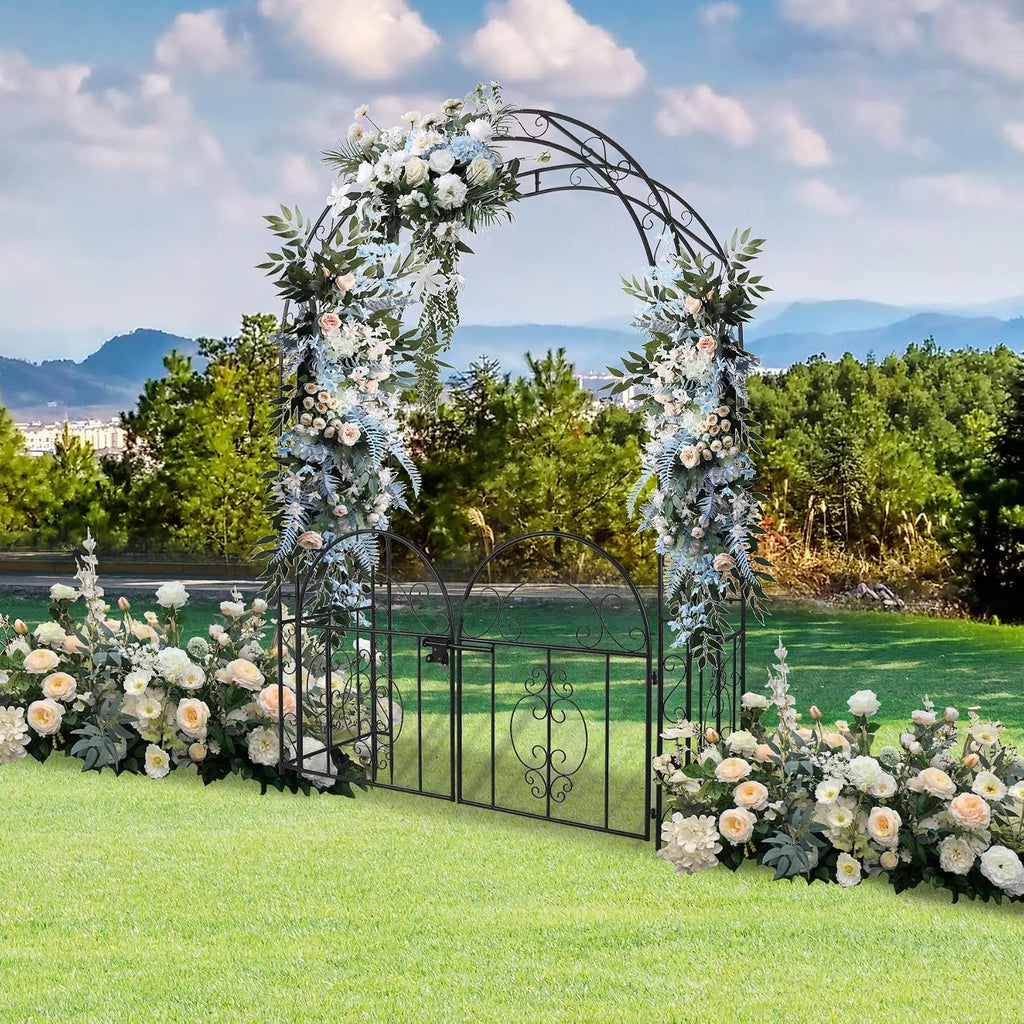 84in High Metal Garden Arbor with Gate, Heavy Duty Wide Garden Arch, Metal Arch Trellis with Gate for Climbing Plant, Wedding, Outdoor Patio Decor, Black(84'x52.4'x19')