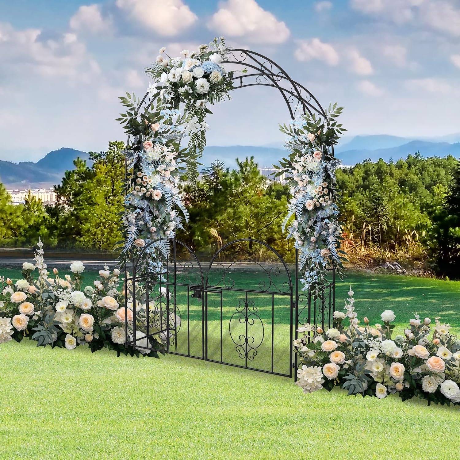 84in High Metal Garden Arbor with Gate, Heavy Duty Wide Garden Arch, Metal Arch Trellis with Gate for Climbing Plant, Wedding, Outdoor Patio Decor, Black(84'x52.4'x19')