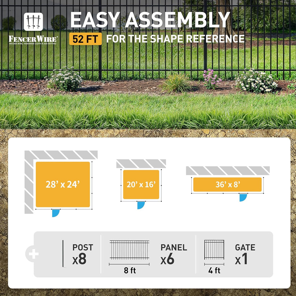 Fencer Wire 52FT Heavy Duty Flat Top Fence Barrier Kit, Anti-Rust Metal Steel Fence with 6FT Height X 8FT Width Panels, Gate, Posts, Connectors, Outdoor Fencing for Yard, Pool, Patio