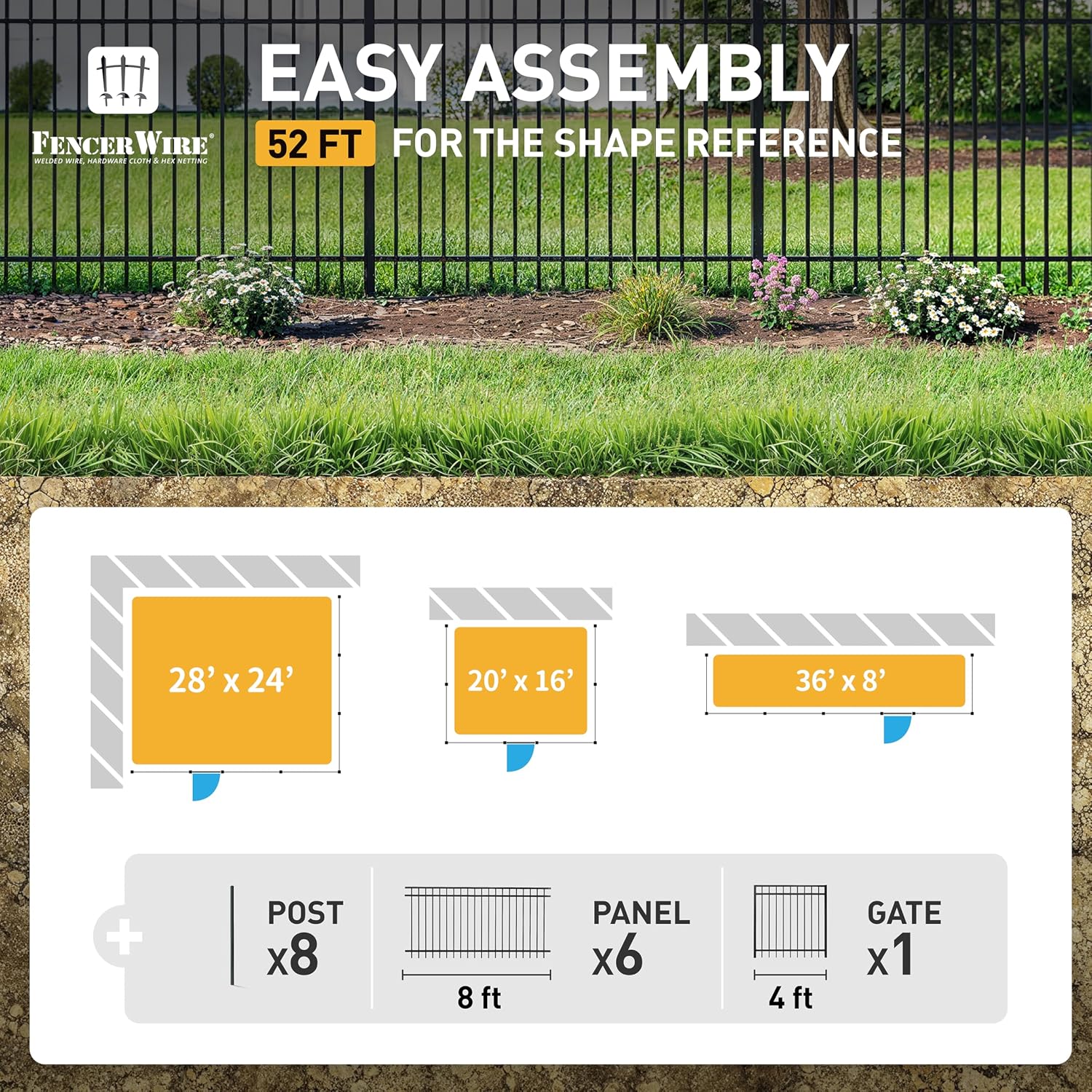 Fencer Wire 52FT Heavy Duty Flat Top Fence Barrier Kit, Anti-Rust Metal Steel Fence with 6FT Height X 8FT Width Panels, Gate, Posts, Connectors, Outdoor Fencing for Yard, Pool, Patio