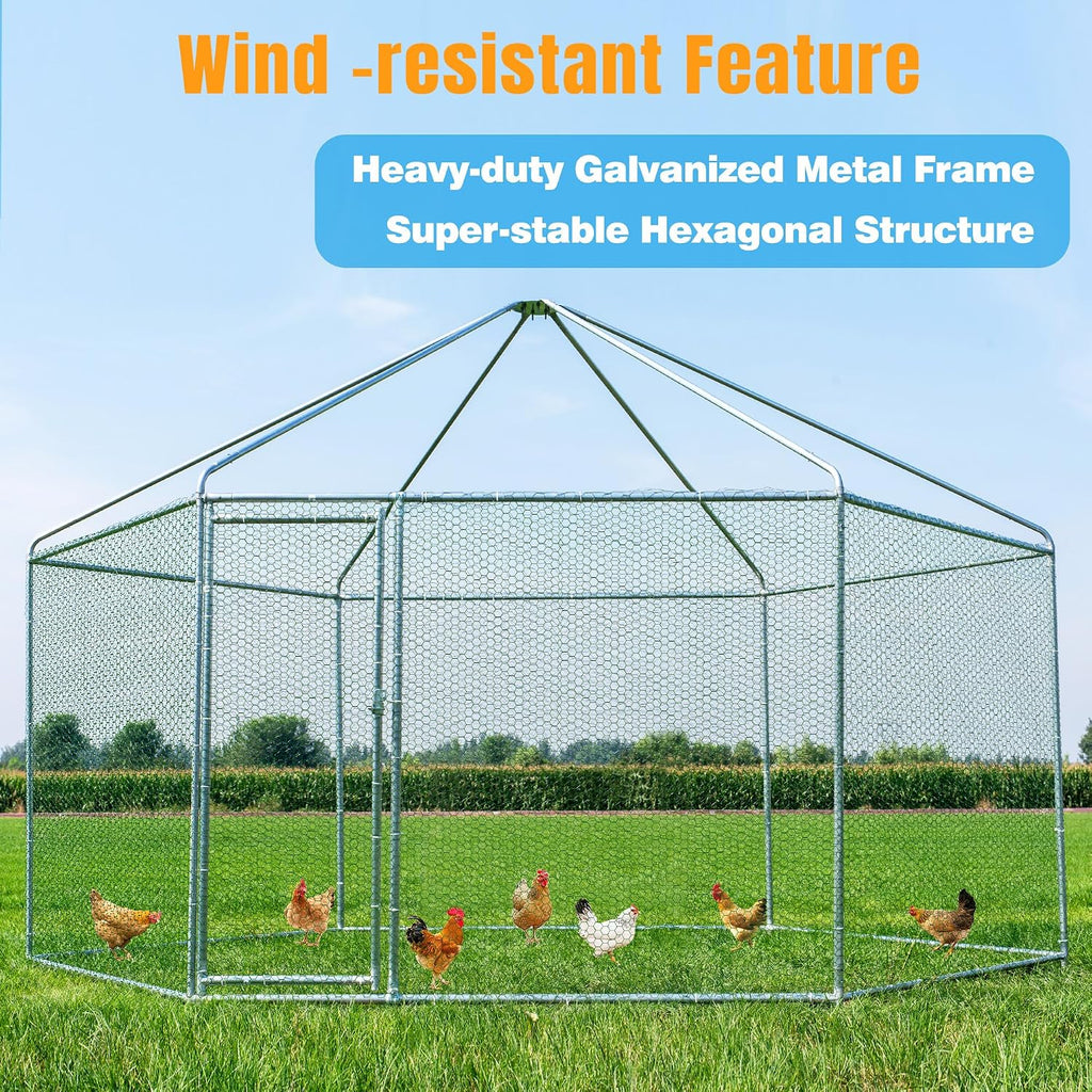 Large Metal Chicken Coop, Chicken Runs for Yard with Cover Walk-in Poultry Cage for 10 20 Chickens,Chicken Pen Duck Coop with Water-Resident Top and Feeding Door, Hexagon Hen House 13.2Lx11.4Wx8.6H FT