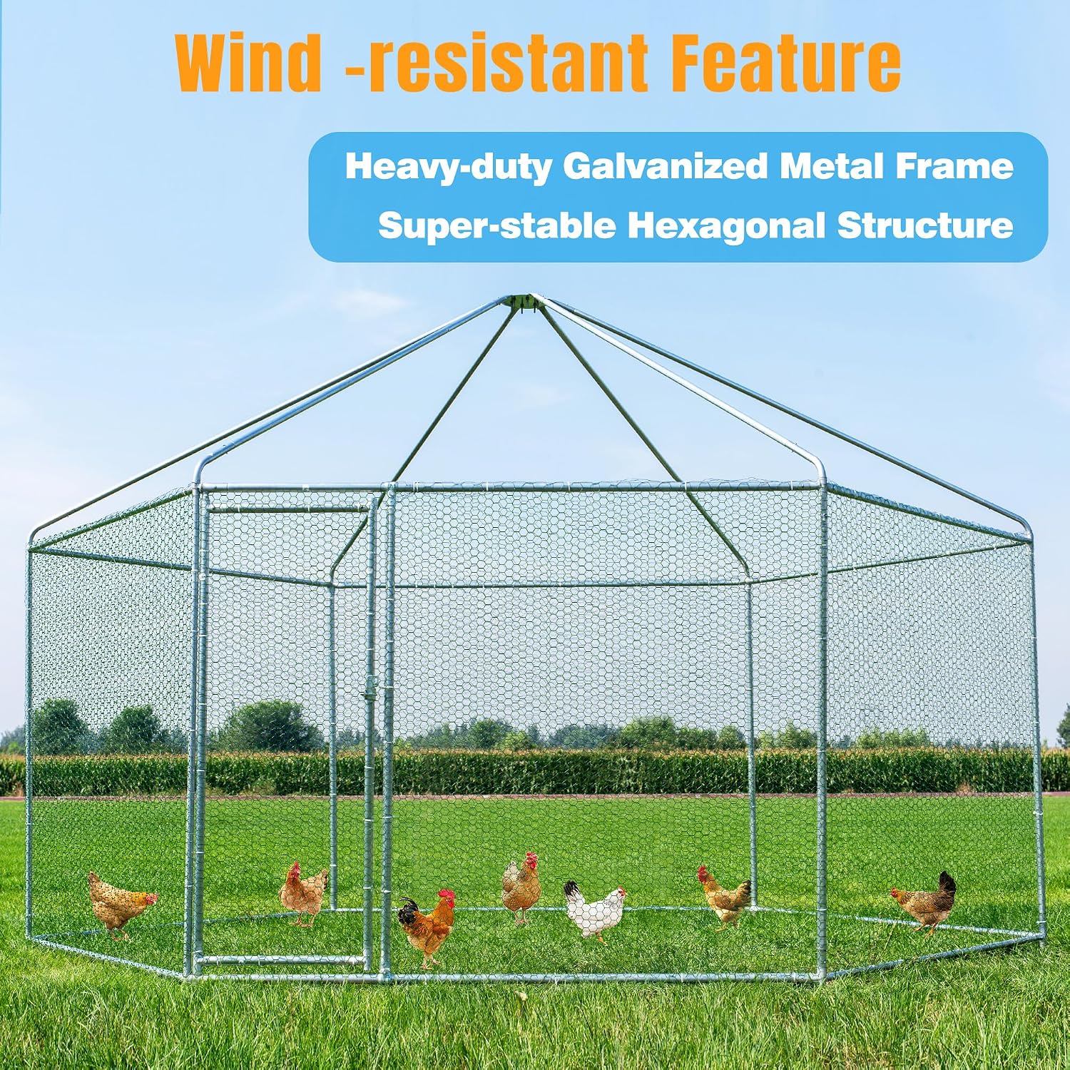 Large Metal Chicken Coop, Chicken Runs for Yard with Cover Walk-in Poultry Cage for 10 20 Chickens,Chicken Pen Duck Coop with Water-Resident Top and Feeding Door, Hexagon Hen House 13.2Lx11.4Wx8.6H FT