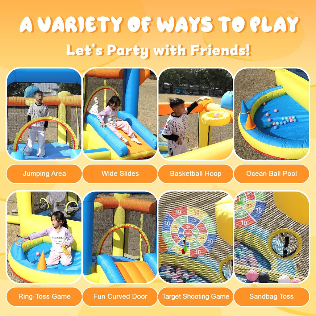 Inflatable Bounce House for Kids Ages 3-8,9.35FT Bouncy House for Kids with Jumping Area, Basketball Hoop, 370W Air Blower, Mini Bounce House for Boys Girls Backyard Birthday Party Gifts