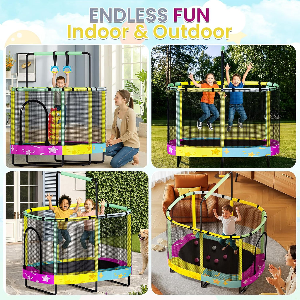 Lamerge Kids Trampoline, Indoor Trampoline Approved by ASTM, Safety Enclosure Net and Adjustable Handrail, 1-8 Children, 500lbs Capacity, 7-in-1, 60'
