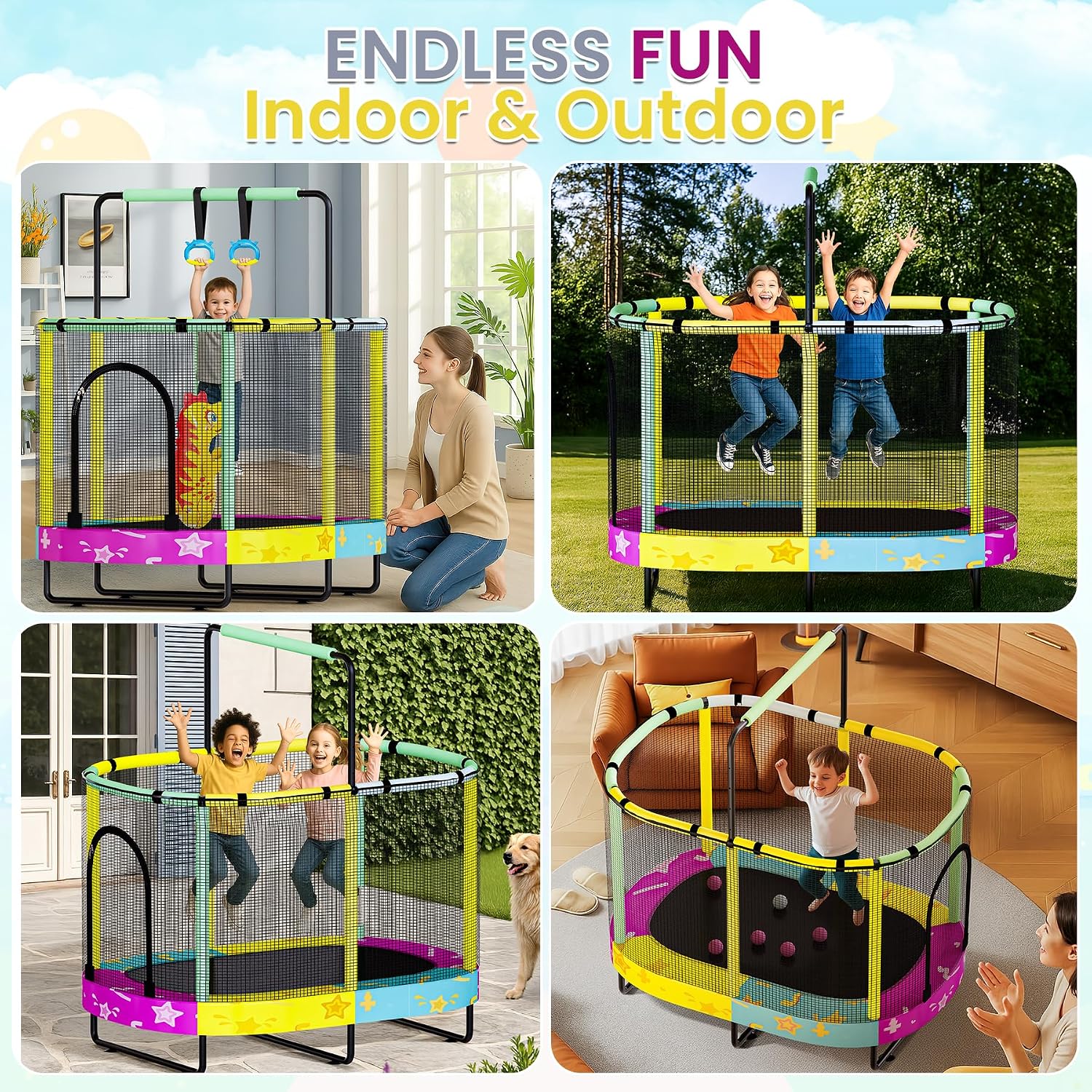 Lamerge Kids Trampoline, Indoor Trampoline Approved by ASTM, Safety Enclosure Net and Adjustable Handrail, 1-8 Children, 500lbs Capacity, 7-in-1, 60'