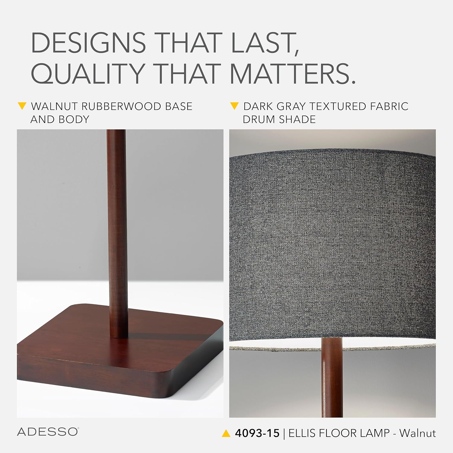 Adesso Floor Lamp with Walnut Rubberwood Base and Grey Fabric Lampshade – 58.5' x 16', 3-Way Adjustable Brightness, Lamp for Bedroom, Living Room, and House Decor