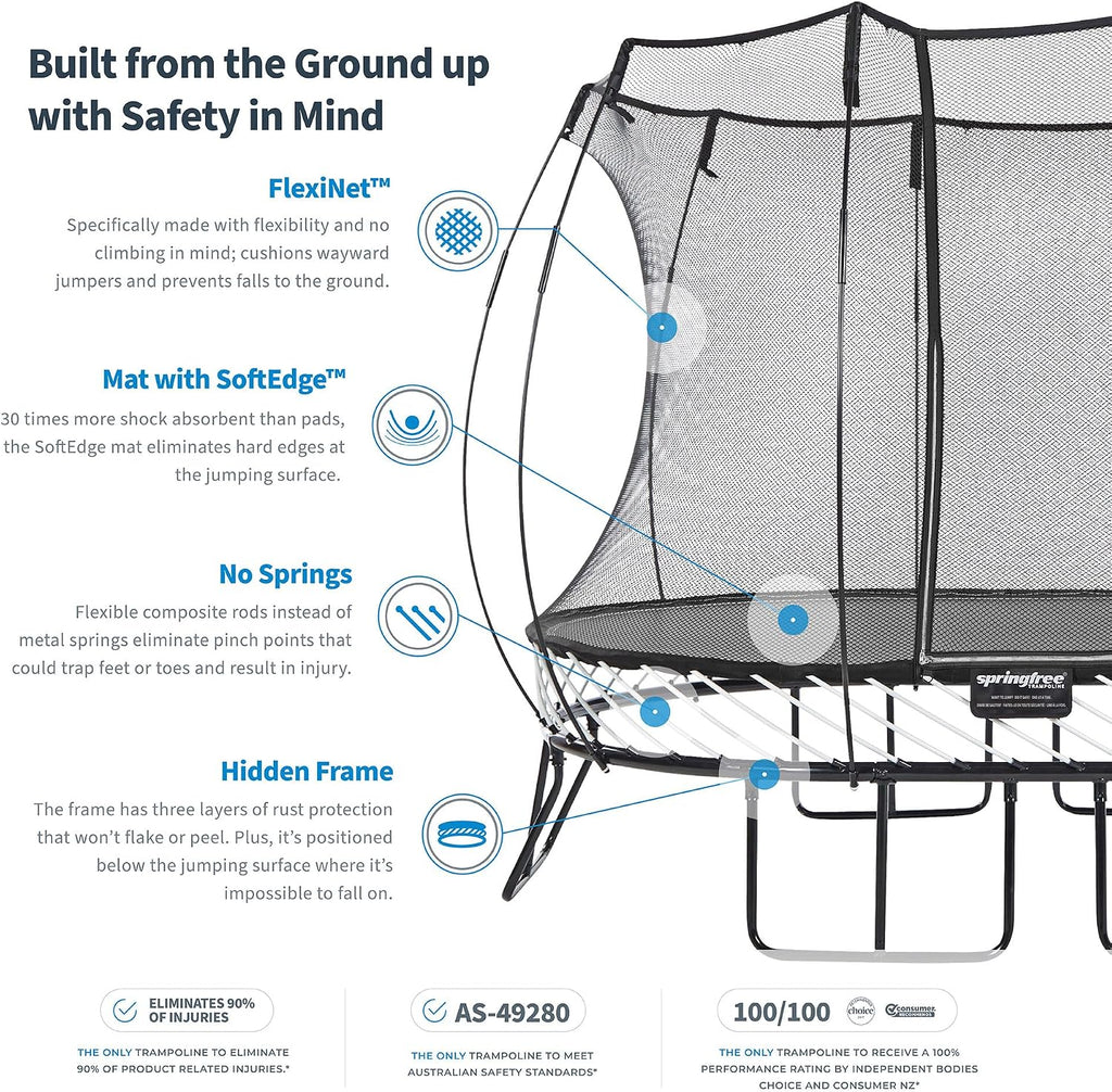 Springfree Trampoline � Springless Square Backyard Trampoline with Enclosure for Kids - 11ft or 13ft Sizes & Optional Add-On Attachments & Accessories