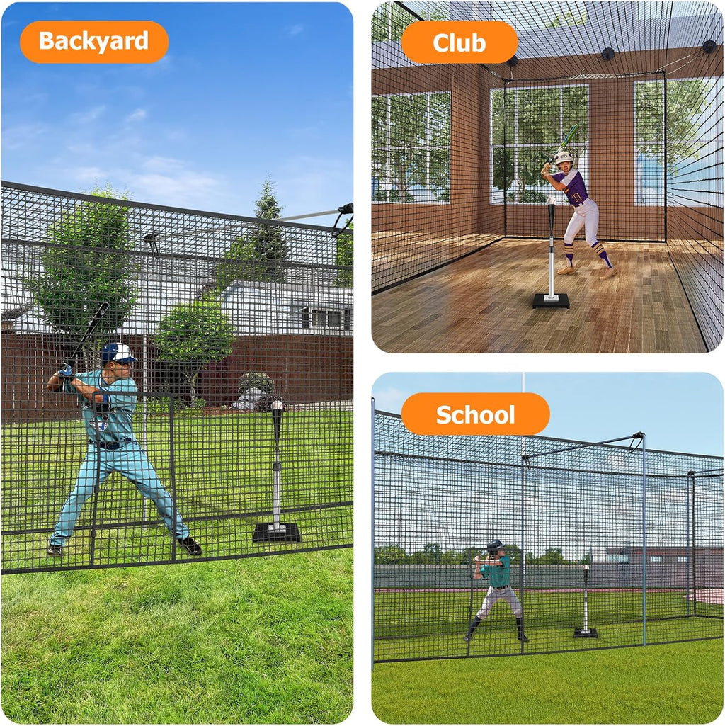 Batting Cage Net, UV-Stabilized HDPE, Black, 1-3/4' Square Mesh, Square-Hung, 1/4' Border Rope, Side Door – Baseball & Softball Netting – Sizes: 8x8x20ft,10x10x35ft,12x12x55ft, 12x14x70ft