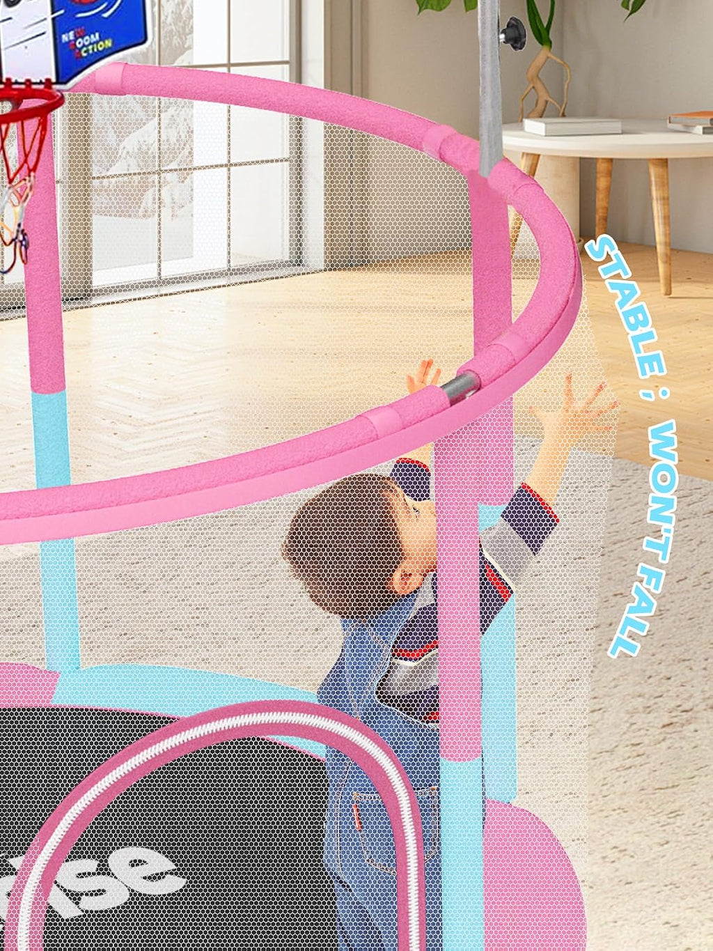 BLUERISE 60' Trampoline for Kids 5FT Toddler Trampolines Indoor/Outdoor with Adjustable Gymnastics Bar & Safety Net, No-Gap Design, Anti-Rollover Bottom, Basketball Hoop, Gifts for Boys & Girls
