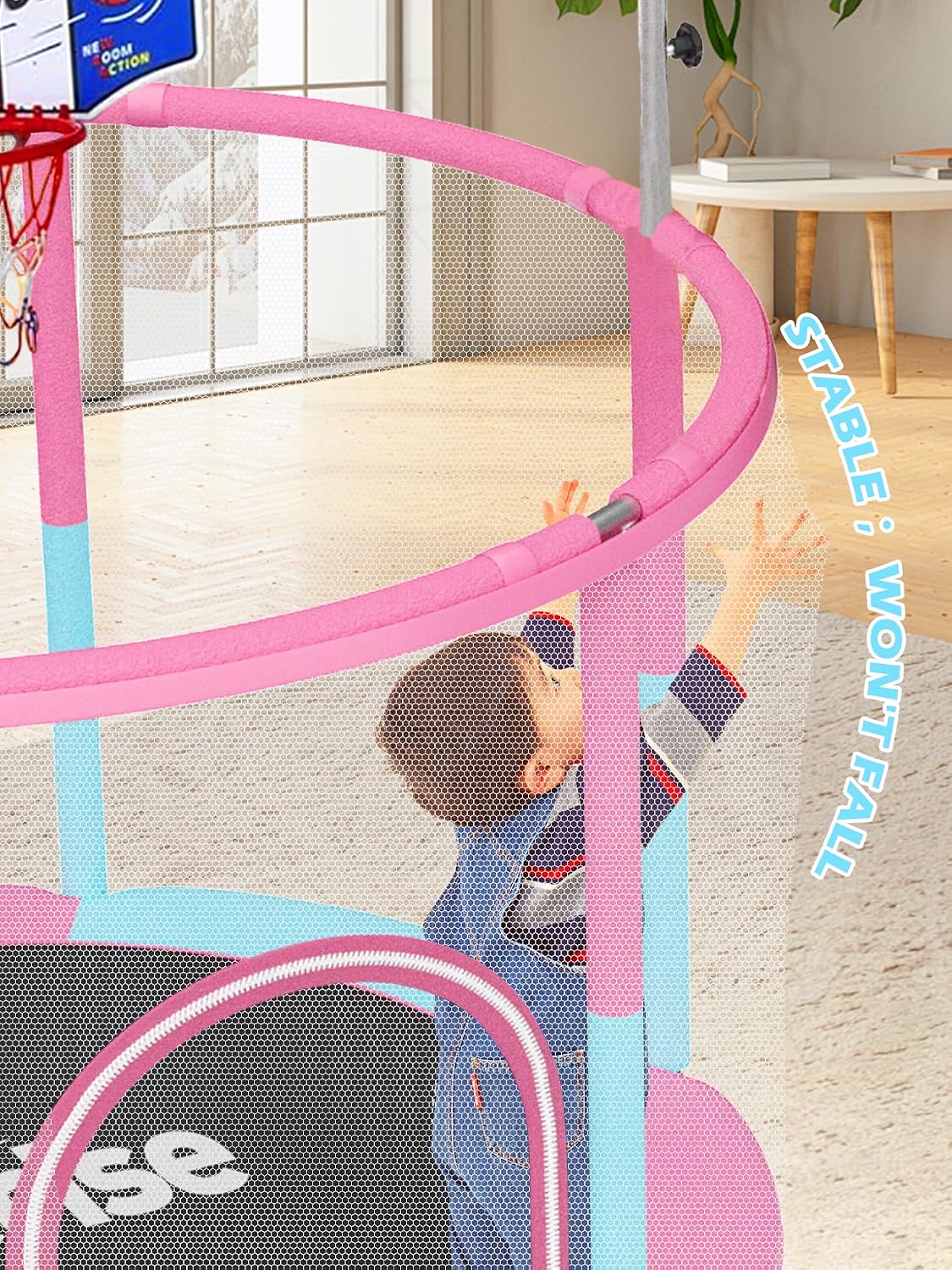 BLUERISE 60' Trampoline for Kids 5FT Toddler Trampolines Indoor/Outdoor with Adjustable Gymnastics Bar & Safety Net, No-Gap Design, Anti-Rollover Bottom, Basketball Hoop, Gifts for Boys & Girls