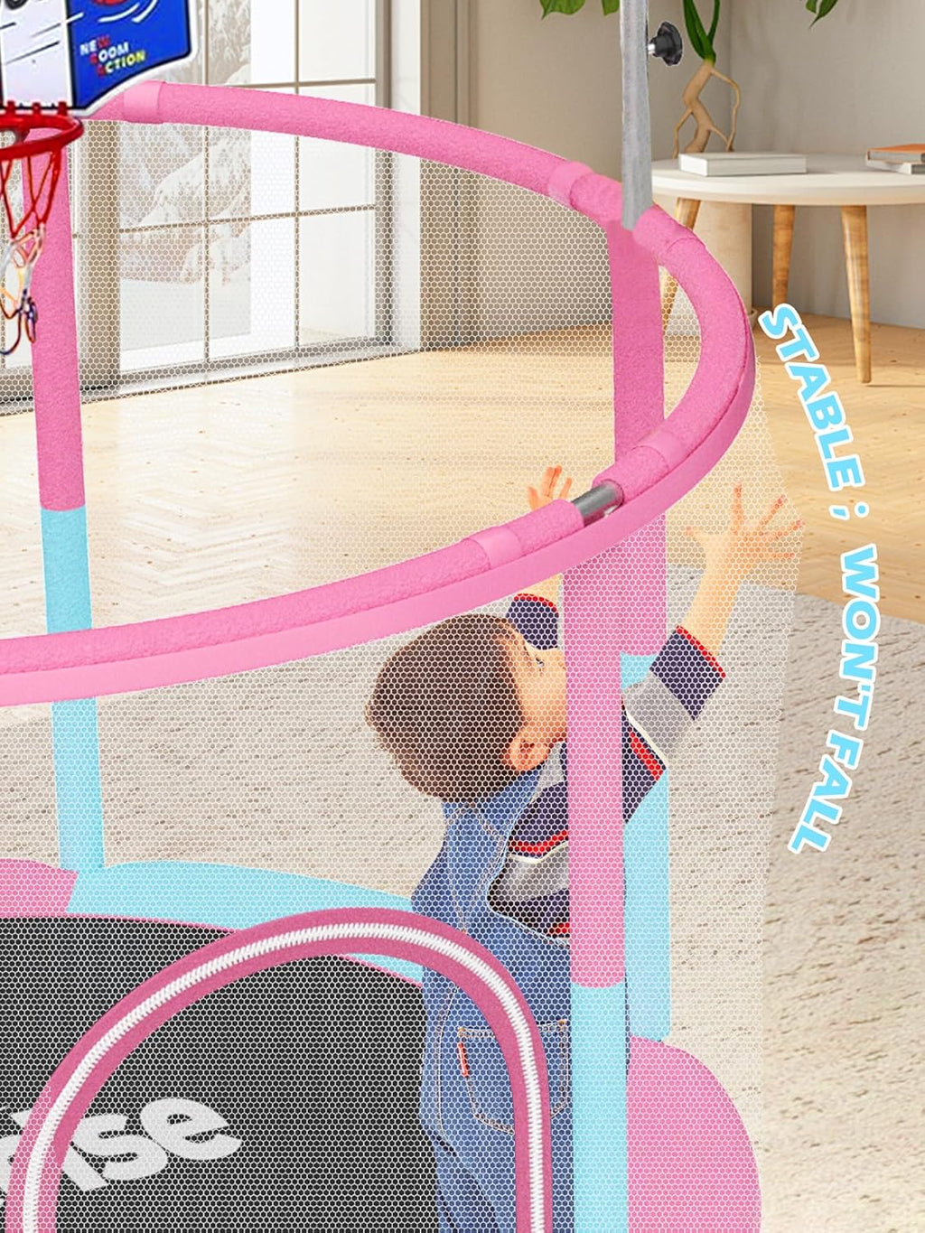 BLUERISE 60' Trampoline for Kids 5FT Toddler Trampolines Indoor/Outdoor with Adjustable Gymnastics Bar & Safety Net, No-Gap Design, Anti-Rollover Bottom, Basketball Hoop, Gifts for Boys & Girls