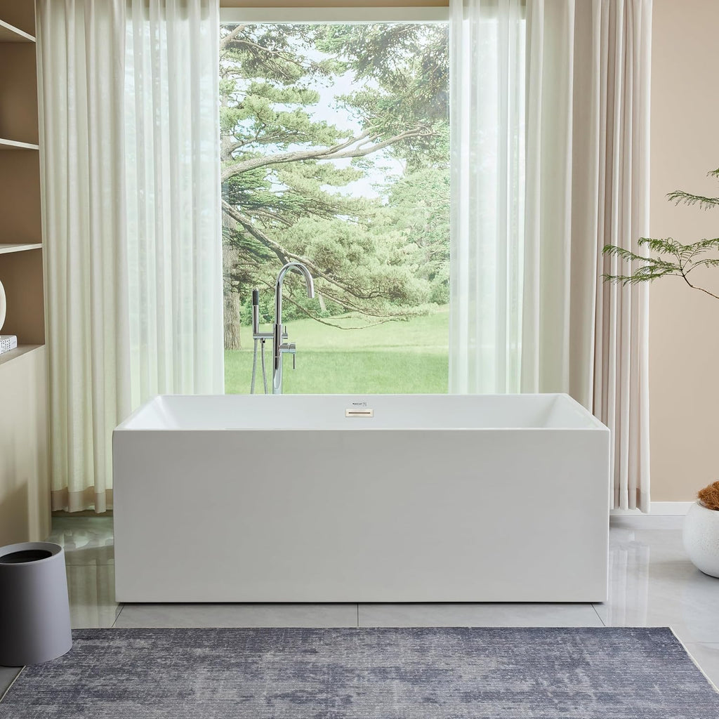 HomeBeyond 59 Inch Free Standing Bathtub | Acrylic Freestanding Bathtub Soaking Tub, Modern Bathroom Stand Alone Tub Suitable for Single Person Bathing, with Pop-up Drain Overflow