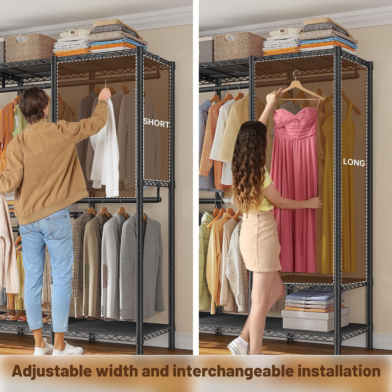 Raybee Clothes Rack Heavy Duty 1100 LBS Capacity Clothing Racks for Hanging Clothes Adjustable Garment Rack,17.7' D x 75.8' W x 76.9' H Black
