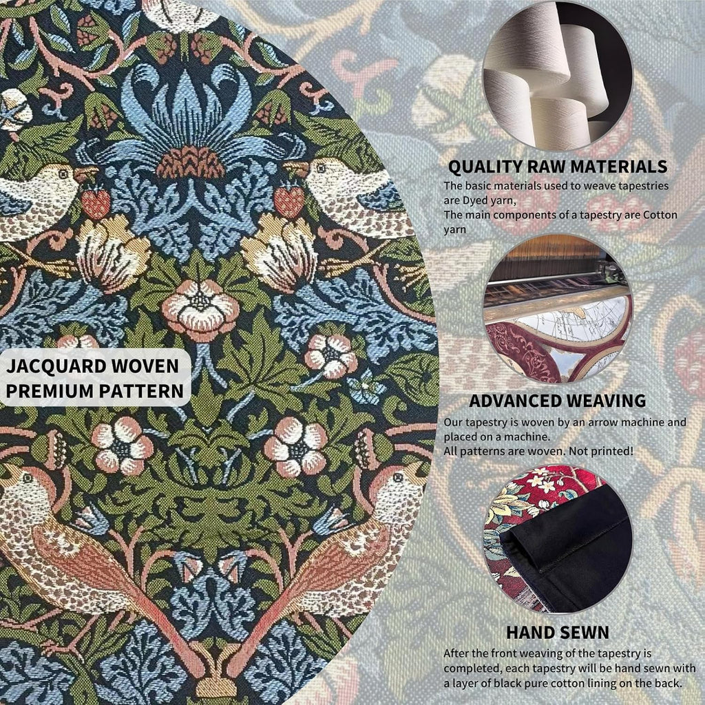 ORIMONY William Morris Strawberry Thief Tapestry - Vintage Floral Bird Art, Medieval Jacquard Woven Tapestry Wall Hanging for Living Room & Bedroom Size 27'x35' (Black)