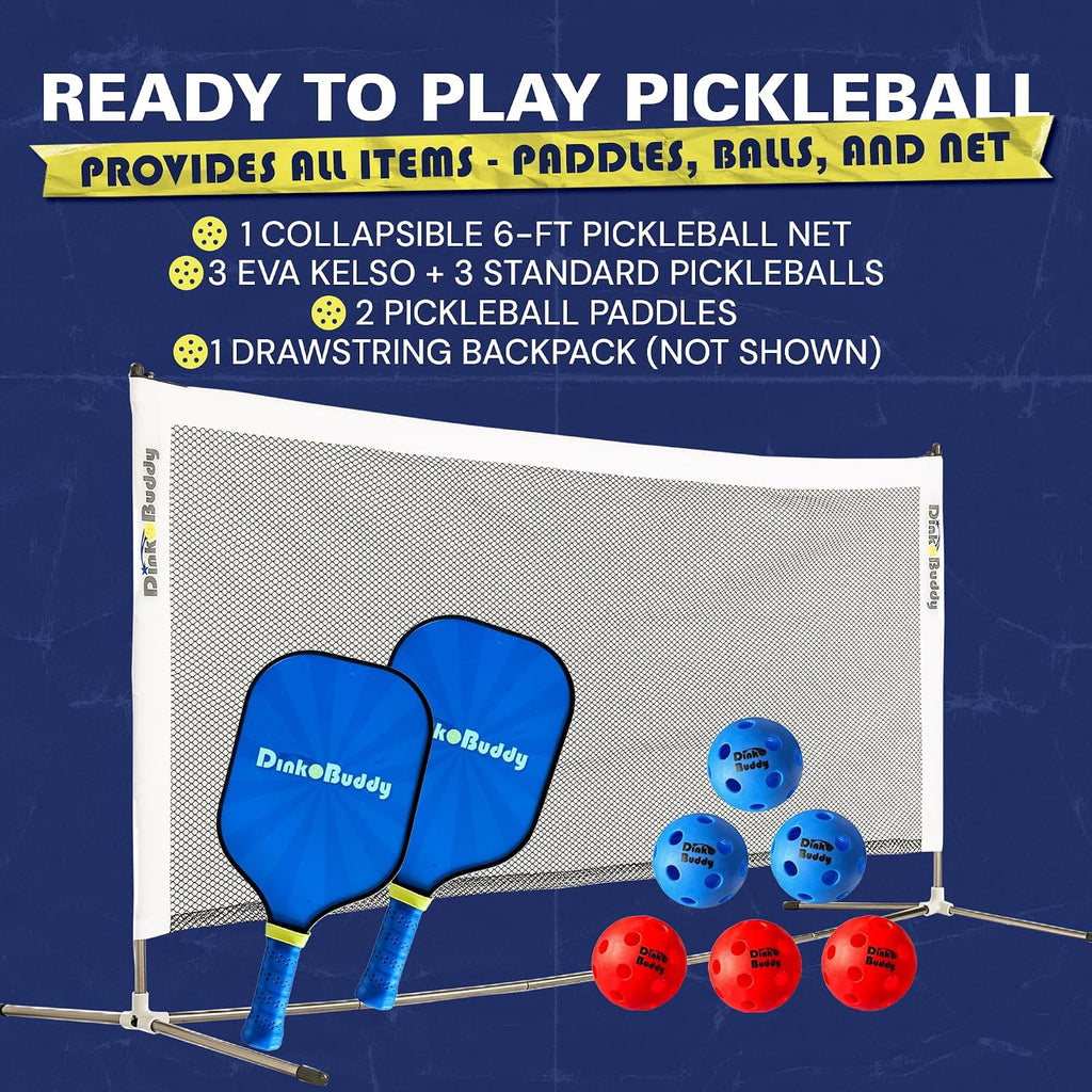 3-in-1 (with Collapsible 6-ft Pickleball Net) & 2-in-1 Options with 3 Kelso + 3 Standard Balls, 2 Paddles, & 1 Drawstring Backpack