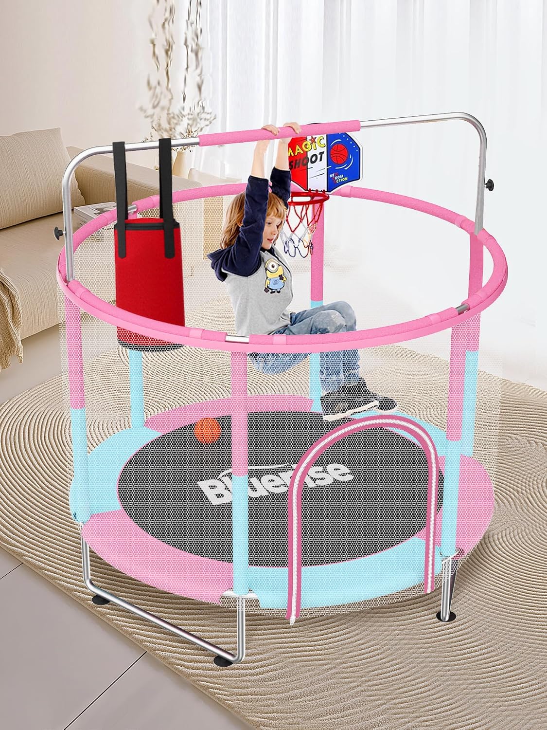 BLUERISE 60' Trampoline for Kids 5FT Toddler Trampolines Indoor/Outdoor with Adjustable Gymnastics Bar & Safety Net, No-Gap Design, Anti-Rollover Bottom, Basketball Hoop, Gifts for Boys & Girls