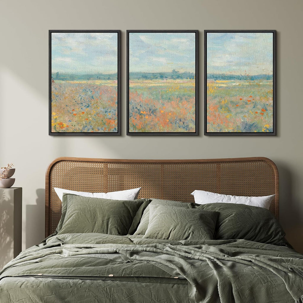 wall26 Framed Canvas Print Wall Art Set Wildflower Field Panorama Impressionist Landscape Illustrations Modern Art Decorative Floral Botanical Minimal for Bedroom - 24'x36'x3 Black