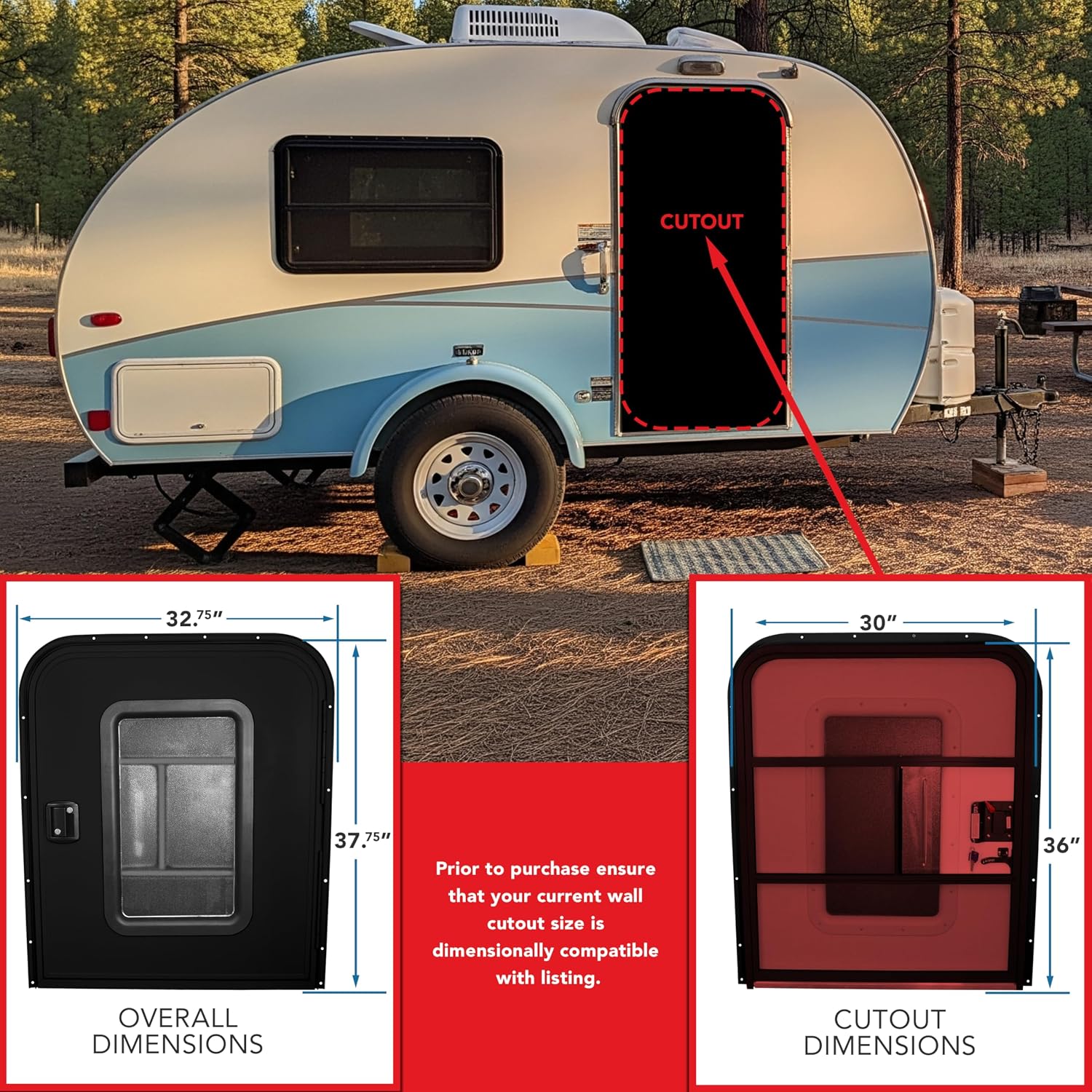 Teardrop 30' X 36' Face Mount Foam Core Passenger Side Door with Radius Corners on Top and Square Bottom with Screen Door (30'(W) X 36'(H) Pass Side, Black)