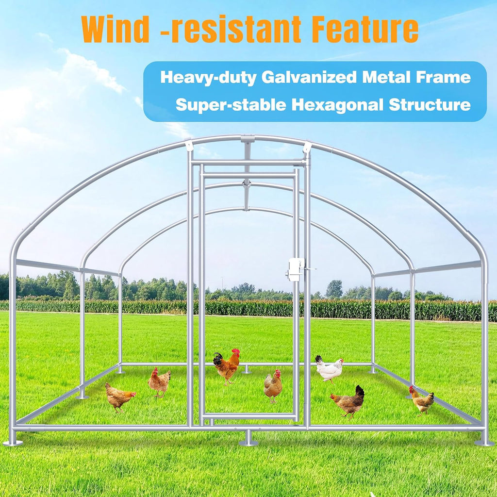 Large Metal Chicken Coop, Chicken Runs for Yard with Cover Walk-in Poultry Cage for 10 20 Chickens, Chicken Pen Duck Coop with Round Water-Resident Top and Feeding Door, Hen House 12.8Lx9.84Wx6.23H FT