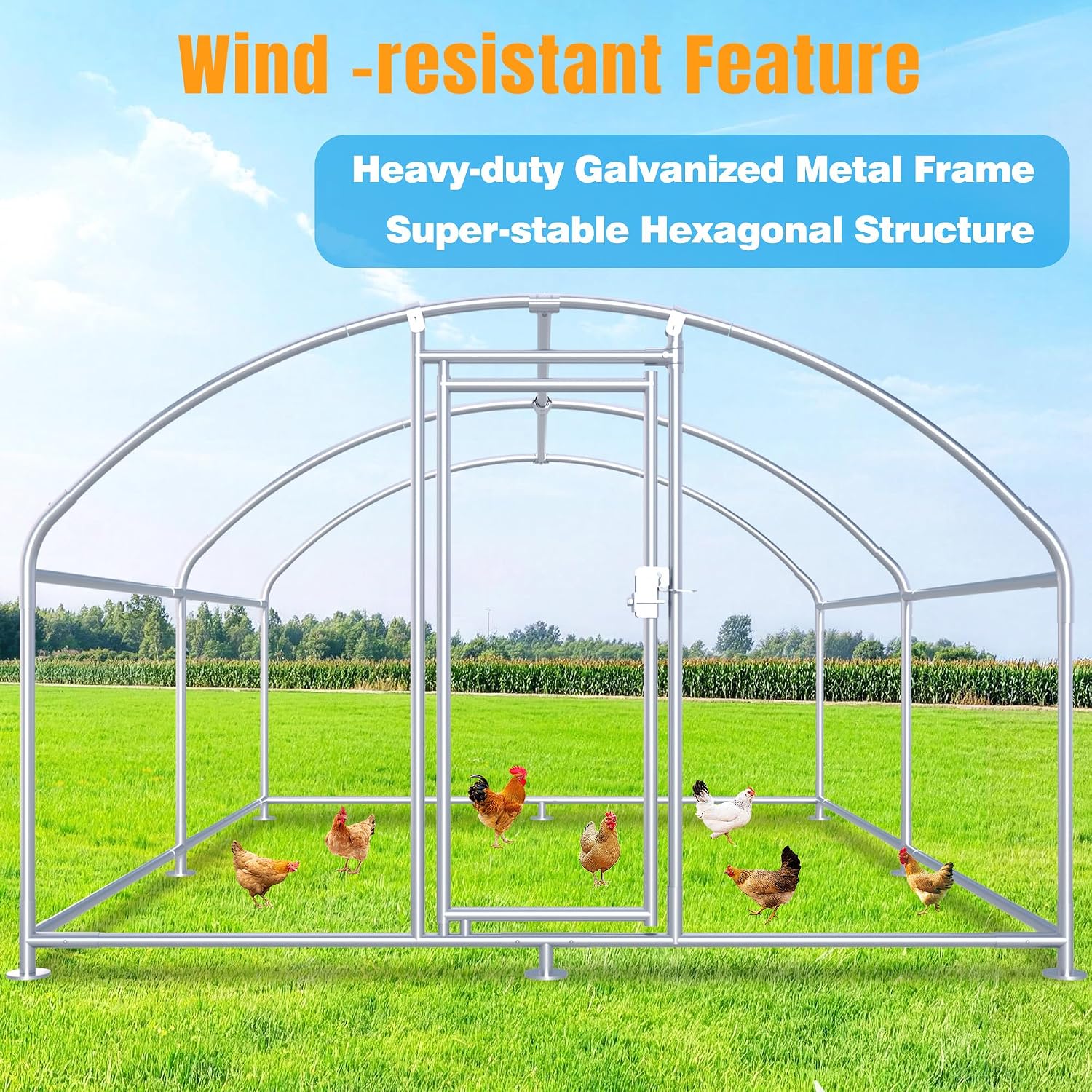 Large Metal Chicken Coop, Chicken Runs for Yard with Cover Walk-in Poultry Cage for 10 20 Chickens, Chicken Pen Duck Coop with Round Water-Resident Top and Feeding Door, Hen House 12.8Lx9.84Wx6.23H FT