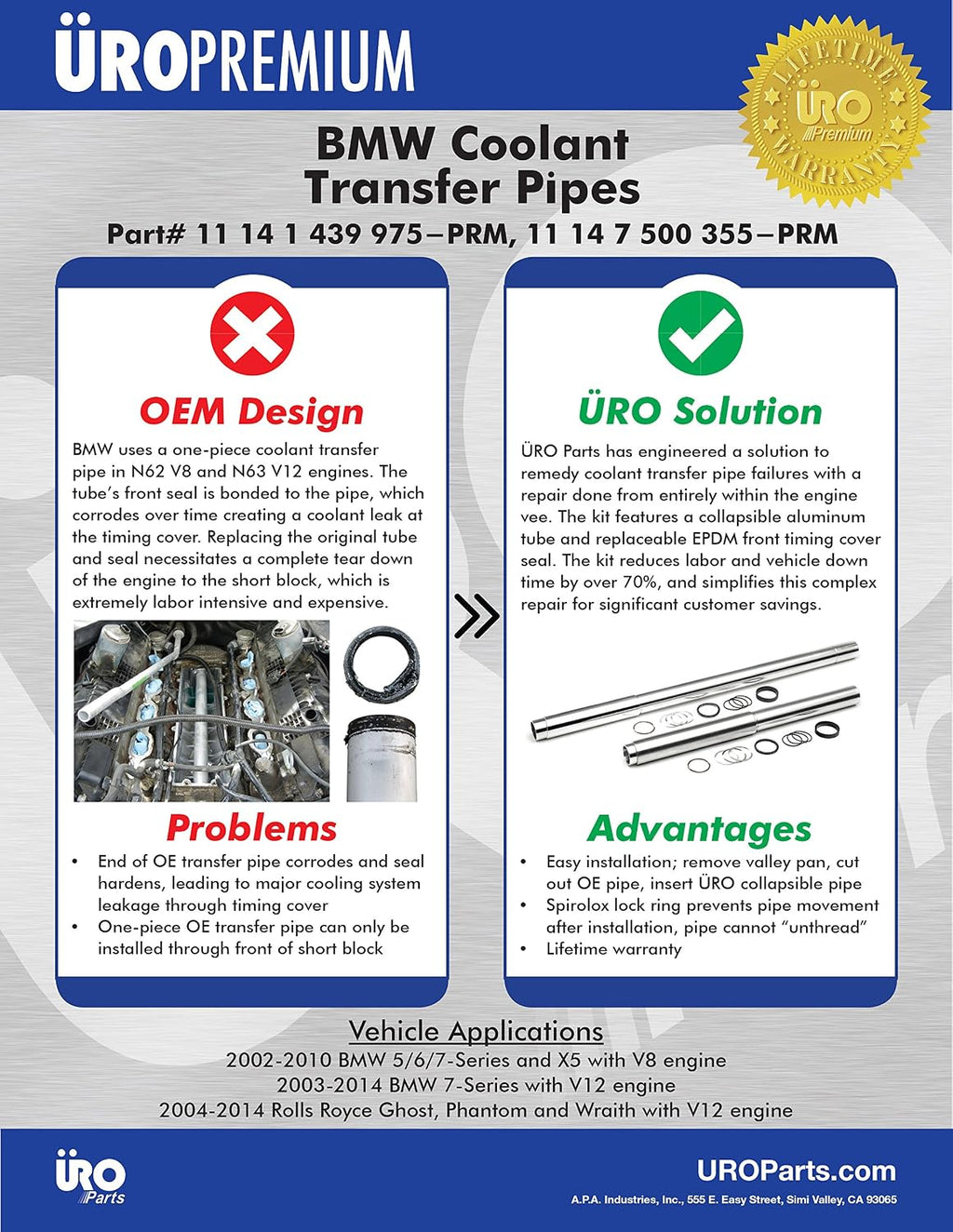 URO Parts 11141439975PRM Collapsible Water Transfer Pipe Kit, Contains 2 Piece Pipe, 2 Seals, 3 Shims, 3 O-rings, Lock Ring, Grease