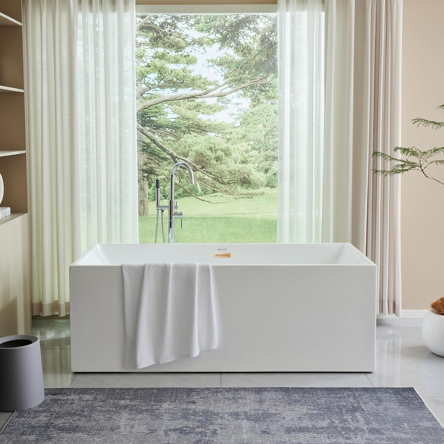 HomeBeyond 67 Inch Freestanding Tub | Acrylic Freestanding Bathtub, Square Flatbottom Freestanding Bathtub Stand Alone Tub with Pop-up Drain Overflow