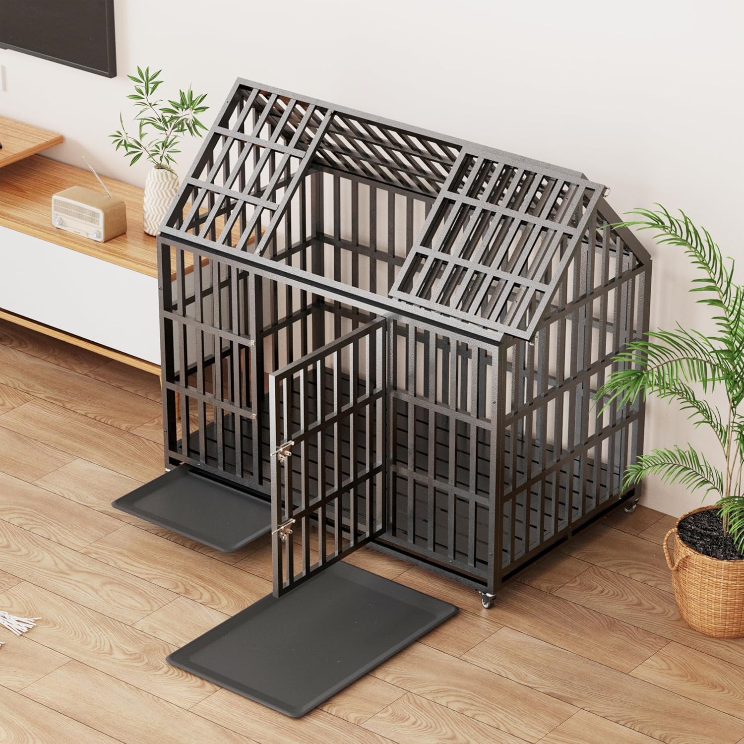 Extra Large Dog Crate Cage, 55'' Heavy Duty Galvanized Iron Dogs Cage Kennels Crates Furniture with Front Door, Top Door and 4 Lockable Wheels for Patio, Home, Backyard