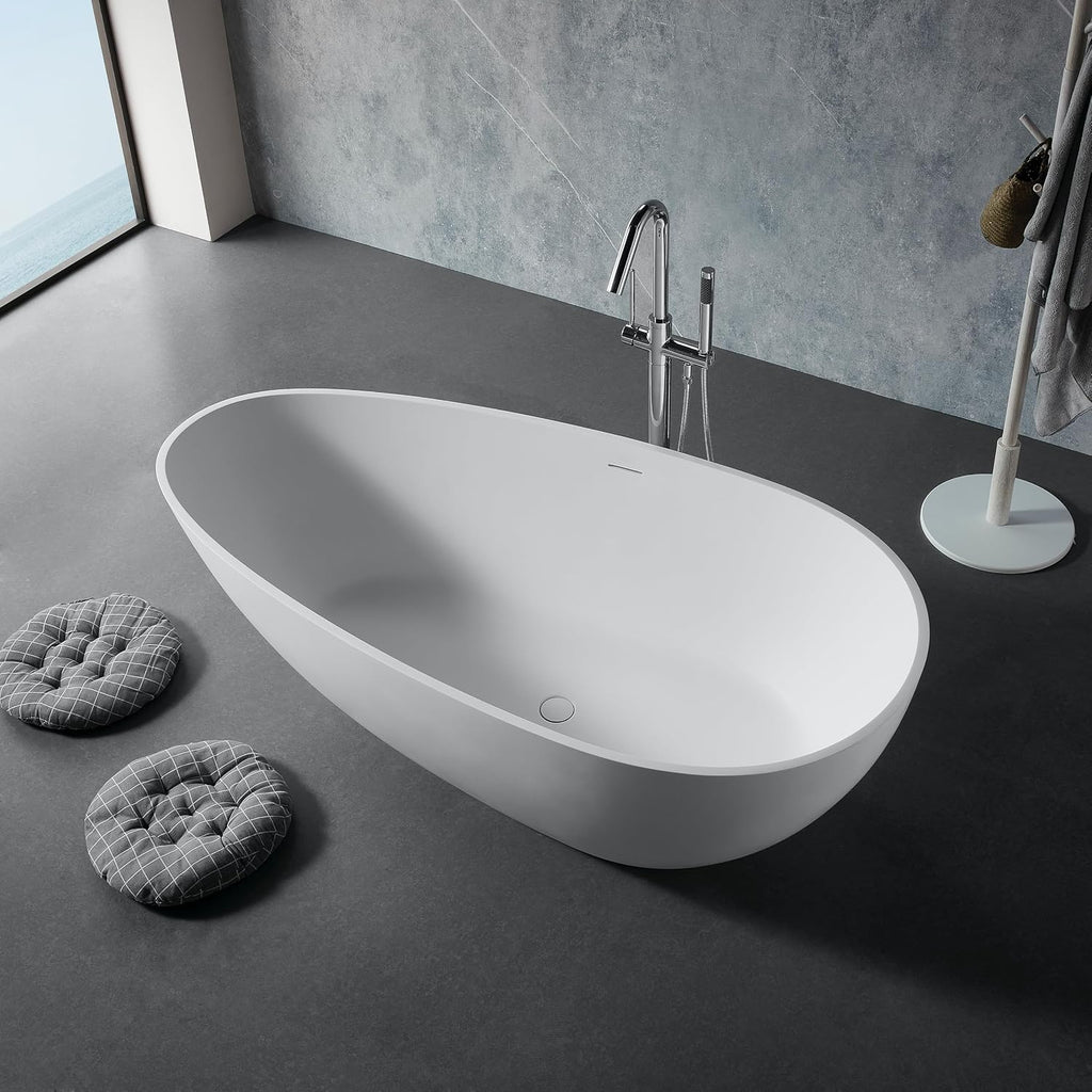 67' Freestanding Solid Bathtub, Luxury Engineered Stone Resin Freestanding Soaking Bathtub with Overflow and Pop up Drain for Bathroom, Matte White 24S02 67MW