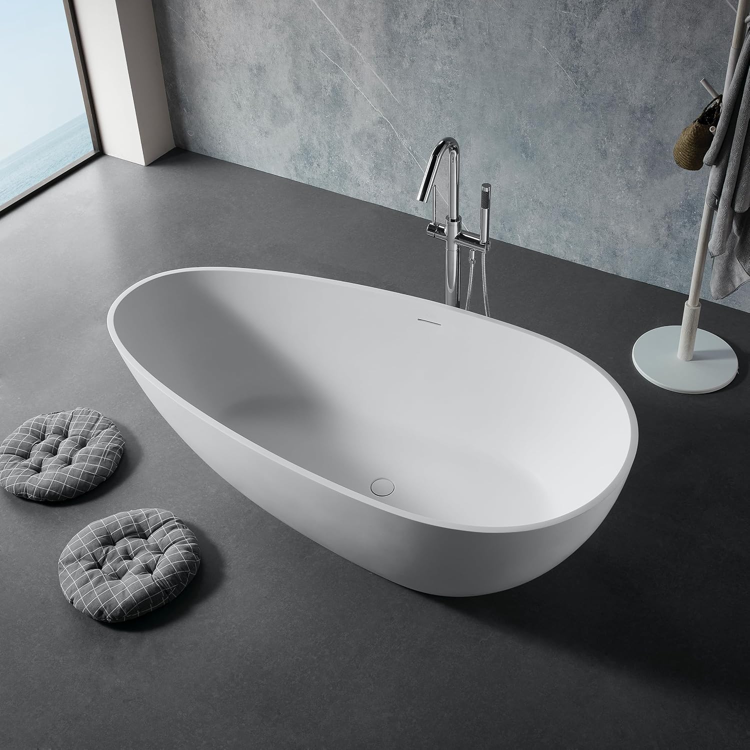 67' Freestanding Solid Bathtub, Luxury Engineered Stone Resin Freestanding Soaking Bathtub with Overflow and Pop up Drain for Bathroom, Matte White 24S02 67MW