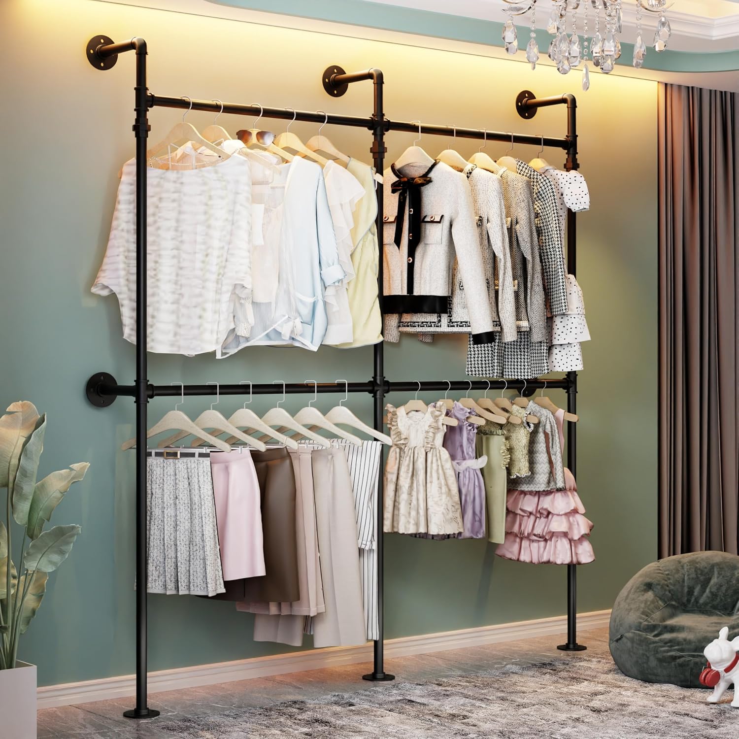 Industrial Pipe Garment Rack, Reversible L - Shaped Wall - Mounted Clothing Rack, 70.9' Heavy Duty Closet Wardrobe System, Black Powder - Coated Steel for Walk - in Closet