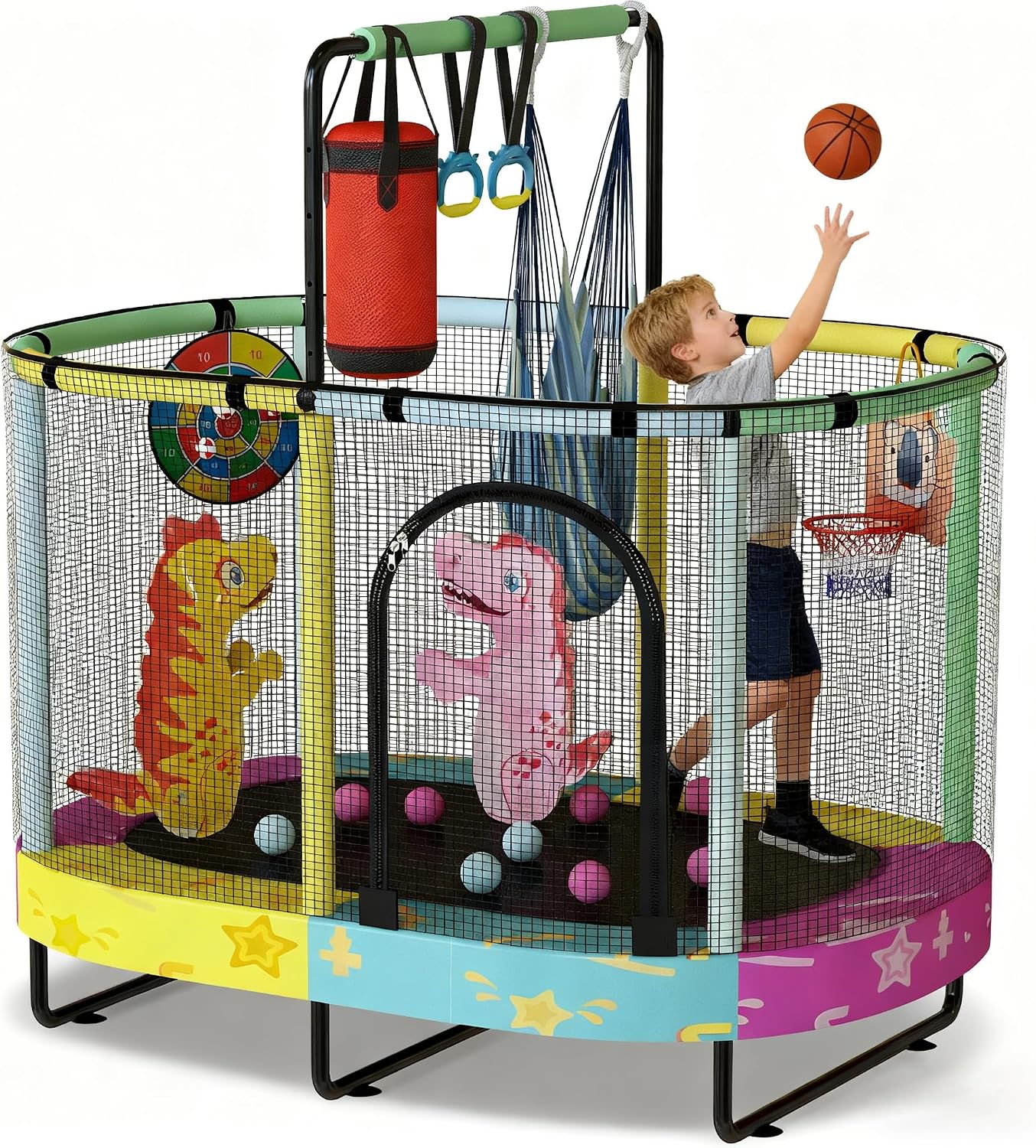 Lamerge Kids Trampoline, Indoor Trampoline Approved by ASTM, Safety Enclosure Net and Adjustable Handrail, 1-8 Children, 500lbs Capacity, 7-in-1, 60'