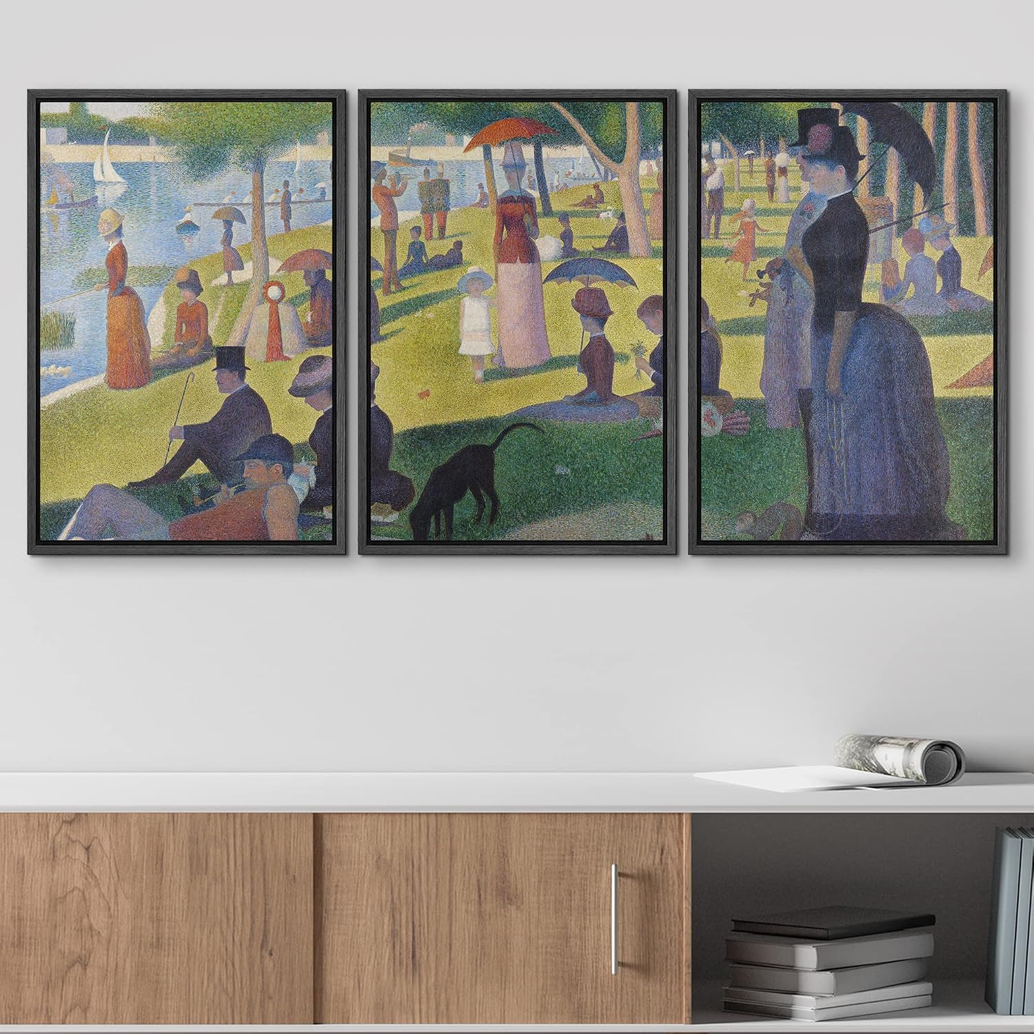 wall26 Framed Canvas Print Wall Art Set La Grande Jatte by Georges Seurat Cultural Historic Oil Painting Fine Art Reproduction Scenic Colorful for Living Room, Bedroom, Office - 16'x24'x3 Black