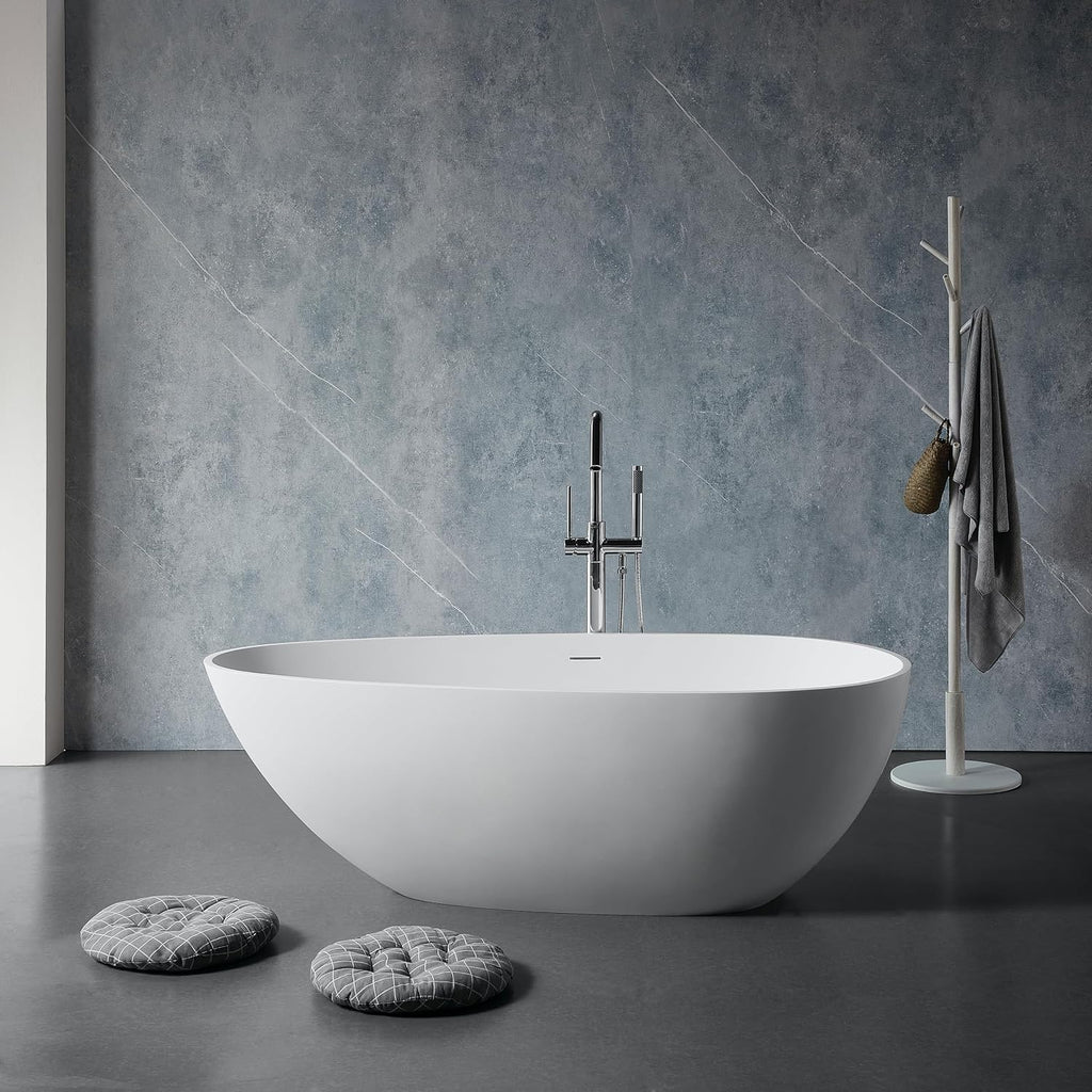 67' Freestanding Solid Bathtub, Luxury Engineered Stone Resin Freestanding Soaking Bathtub with Overflow and Pop up Drain for Bathroom, Matte White 24S02 67MW