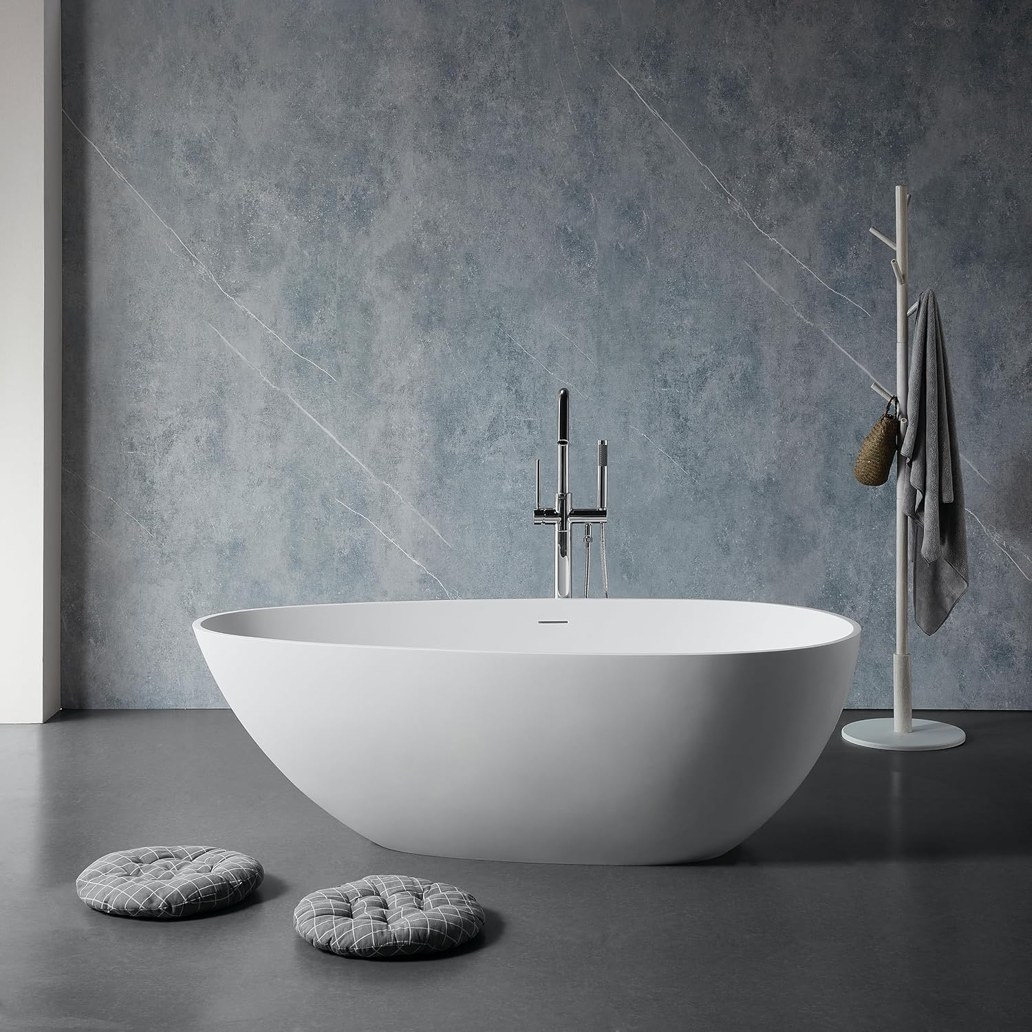 67' Freestanding Solid Bathtub, Luxury Engineered Stone Resin Freestanding Soaking Bathtub with Overflow and Pop up Drain for Bathroom, Matte White 24S02 67MW