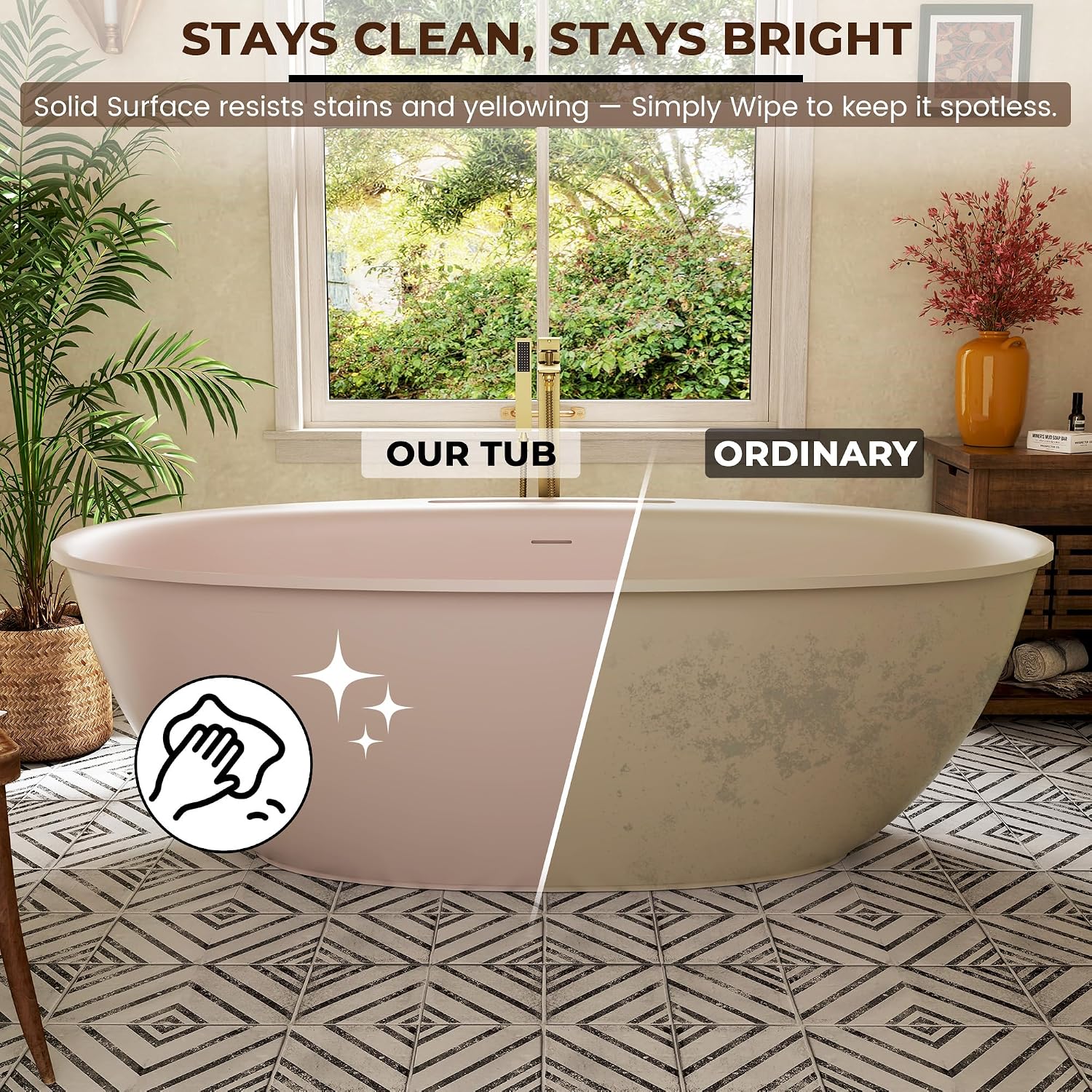 CASAINC 67' Solid Surface Free Standing Tub Blush Beige Stone Resin Freestanding Bathtub Soaking Tub with Drain, Drain Hose & Sanding Paper