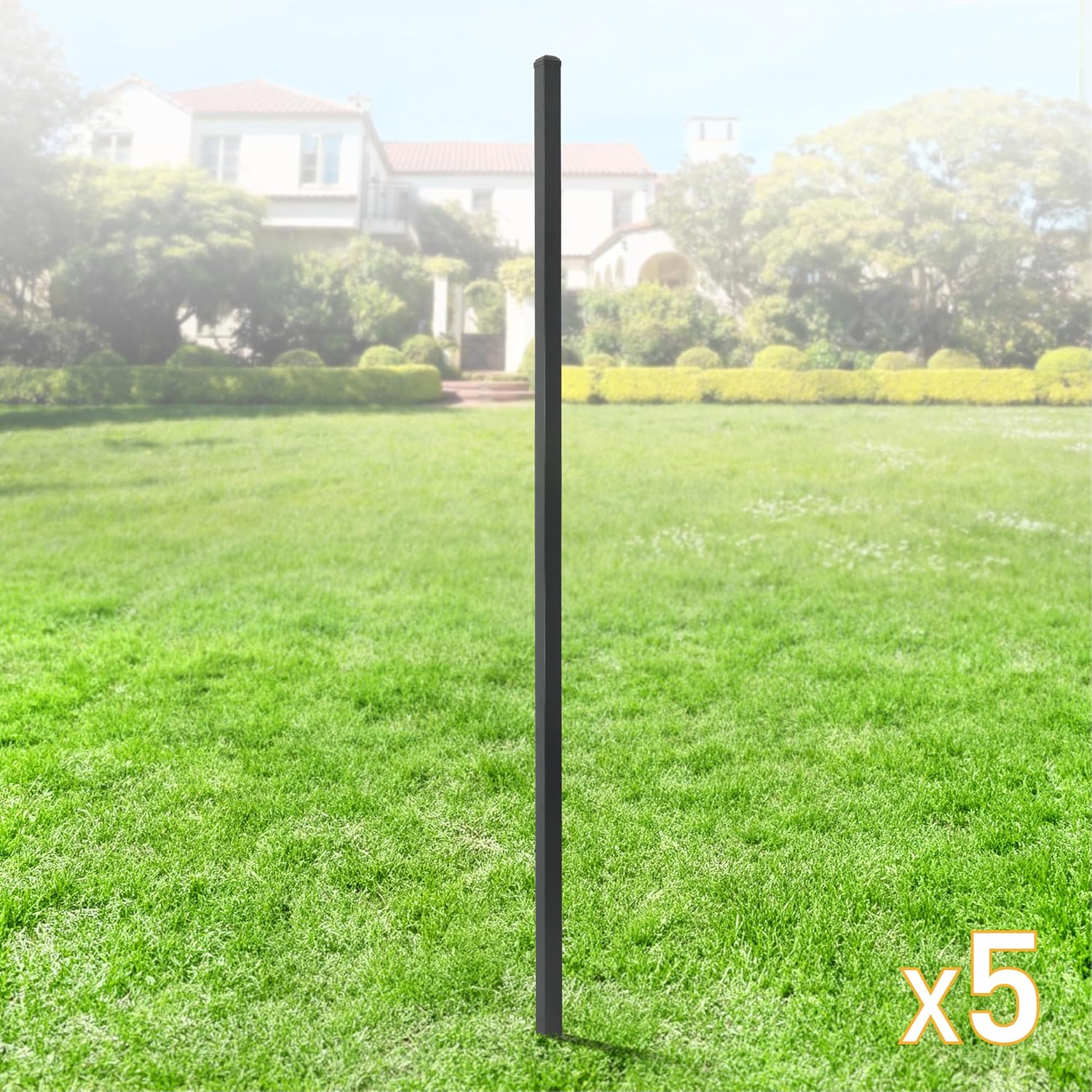 Fencer Wire Pack of 5 Heavy Duty 8FT Outdoor Steel Fencing Border Post, 16 Gauge Anti-rust Metal Fence Post, 2' Diameter Decorative Garden Fence Post, Black, FPSPS16-B8X5 FW