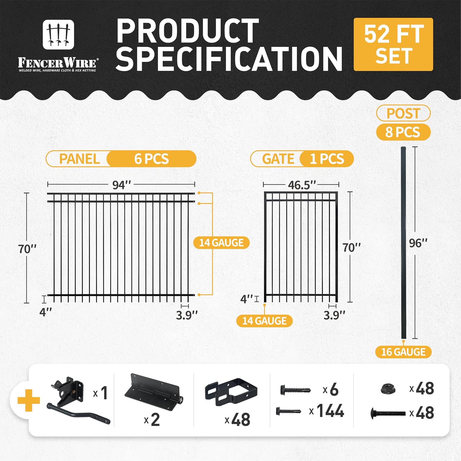 Fencer Wire 52FT Heavy Duty Flat Top Fence Barrier Kit, Anti-Rust Metal Steel Fence with 6FT Height X 8FT Width Panels, Gate, Posts, Connectors, Outdoor Fencing for Yard, Pool, Patio
