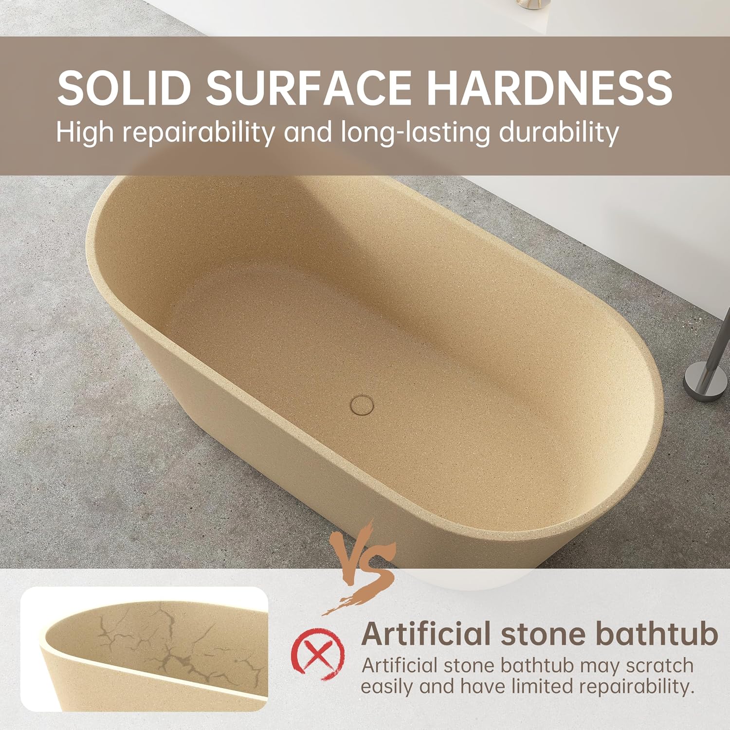 Terrazzo Free Standing Tub 59', Solid Surface Soaking Freestanding Bathtub, Stone Tub with Pop-up Drain