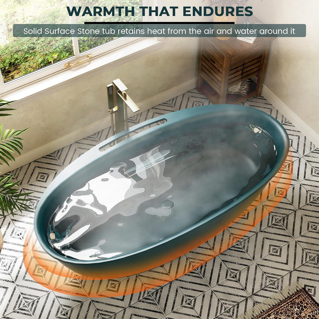 CASAINC 63' Solid Surface Free Standing Tub Deep Teal Stone Resin Freestanding Bathtub Soaking Tub with Drain, Drain Hose & Sanding Paper