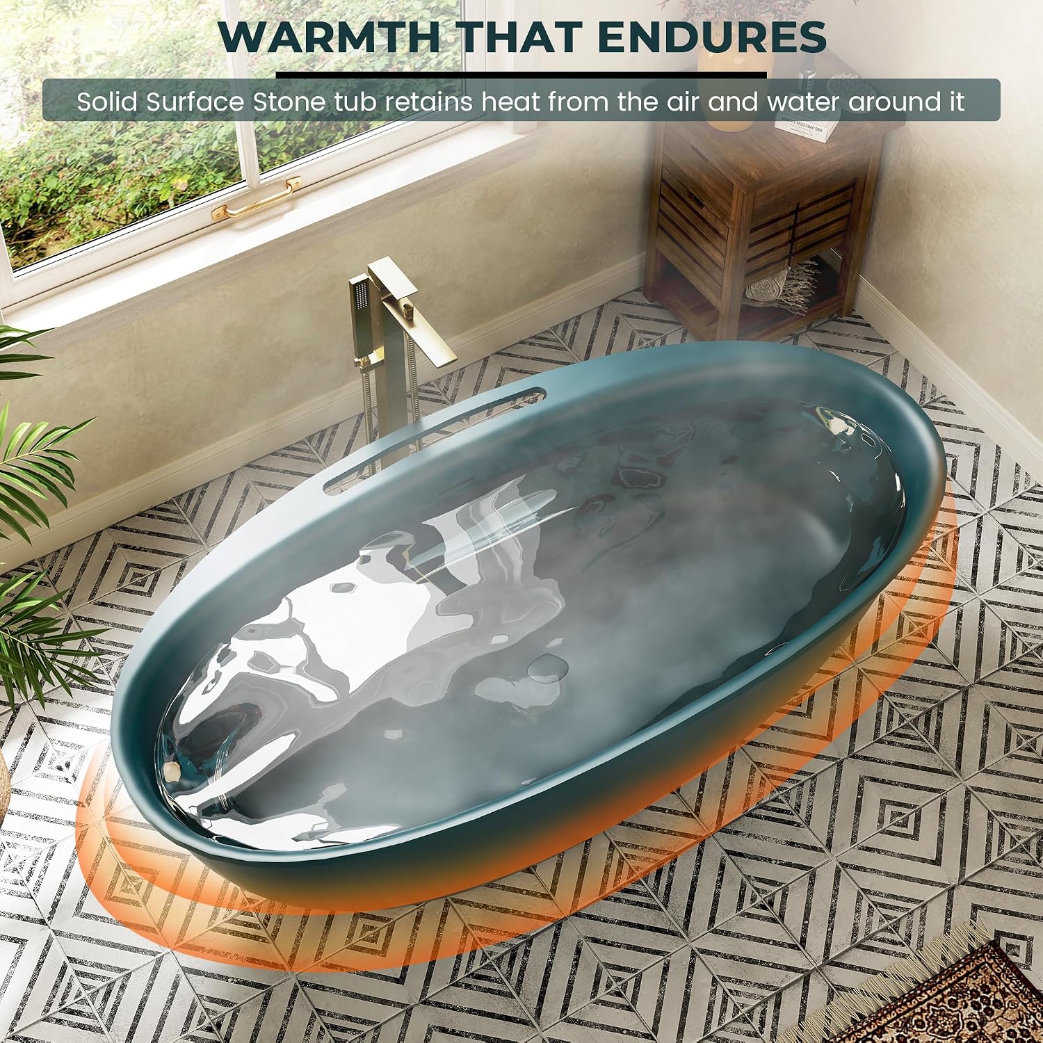 CASAINC 63' Solid Surface Free Standing Tub Deep Teal Stone Resin Freestanding Bathtub Soaking Tub with Drain, Drain Hose & Sanding Paper