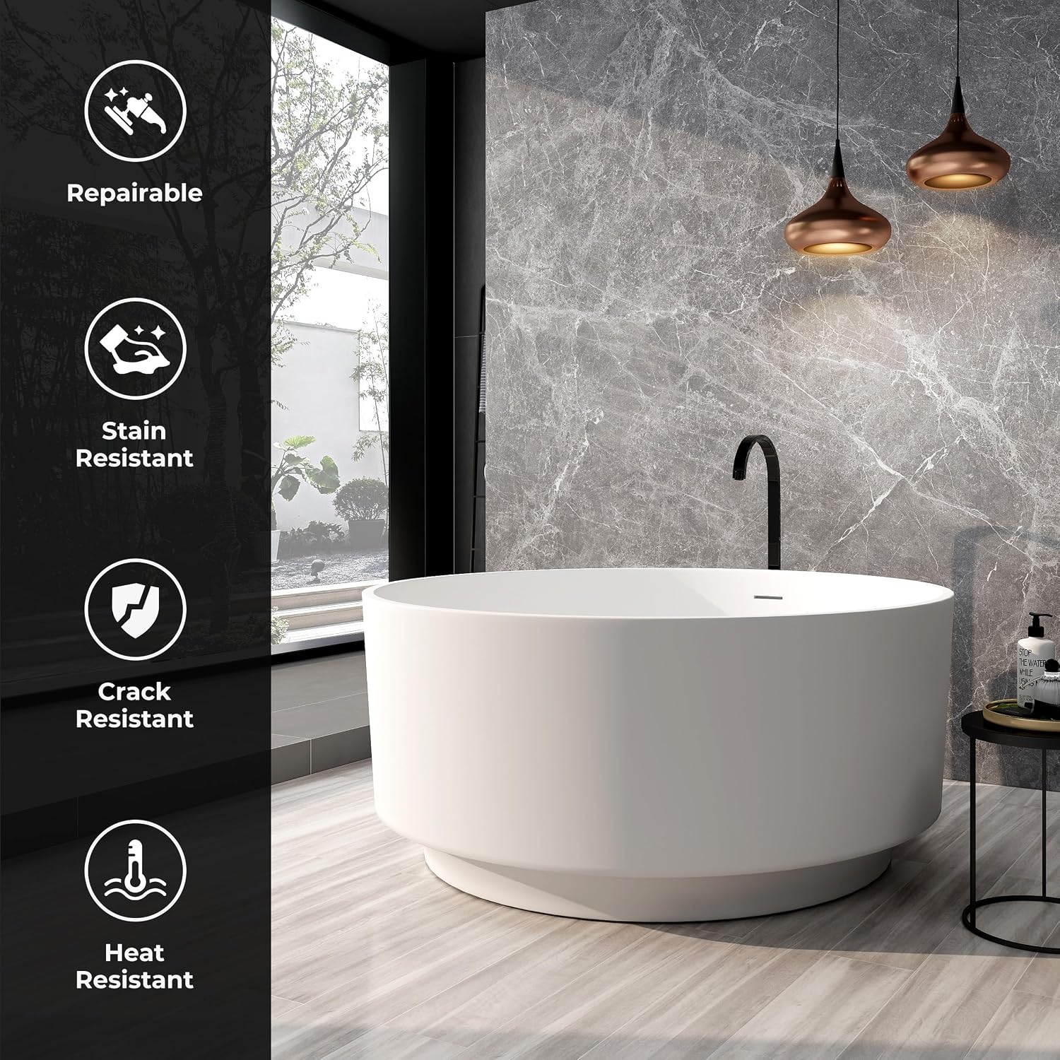 SJ Star&Jane 49' Round Freestanding Bathtub, Solid Surface Stone Resin Tub with Matte White Finish, Stand Alone Soaking Tub for Modern Bathroom