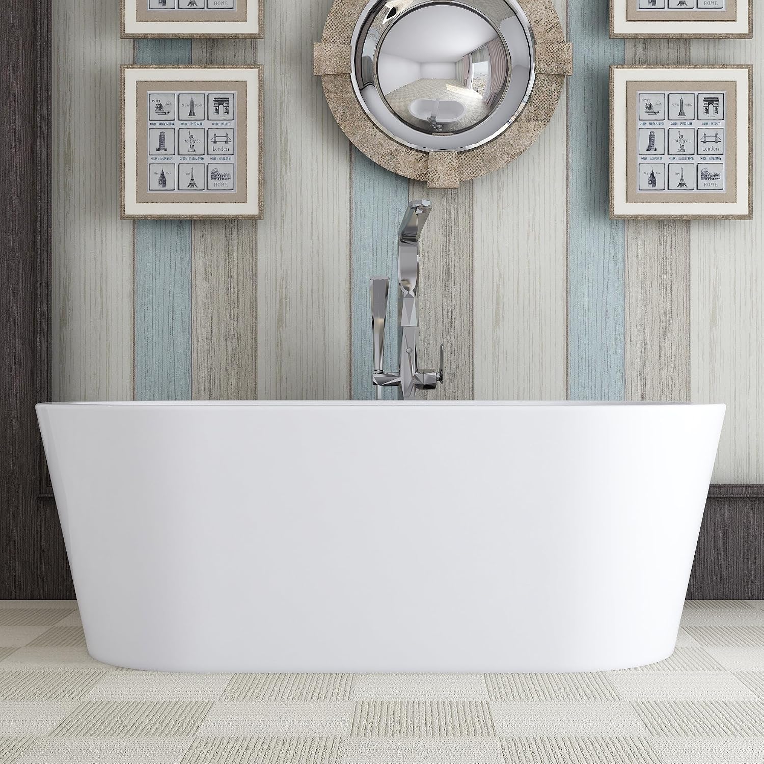 HomeBeyond 59 Inch White Freestanding Bathtub | Acrylic Free Standing Soaking Tub, Morden Bathroom Stand Alone Tub Suitable for 1 Person Bathing