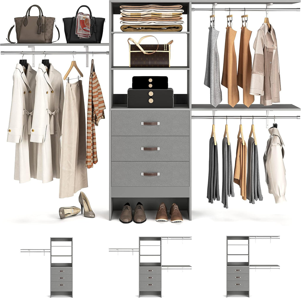 Armocity 96' Wood Closet System with 3 Enclosed Drawers & 3 Solid Shelves, 8FT Adjustable Closet Organizers and Storage, Heavy Duty Modular Wardrobe for Reach-In & Walk-In, 1000 LBS Load, Grey