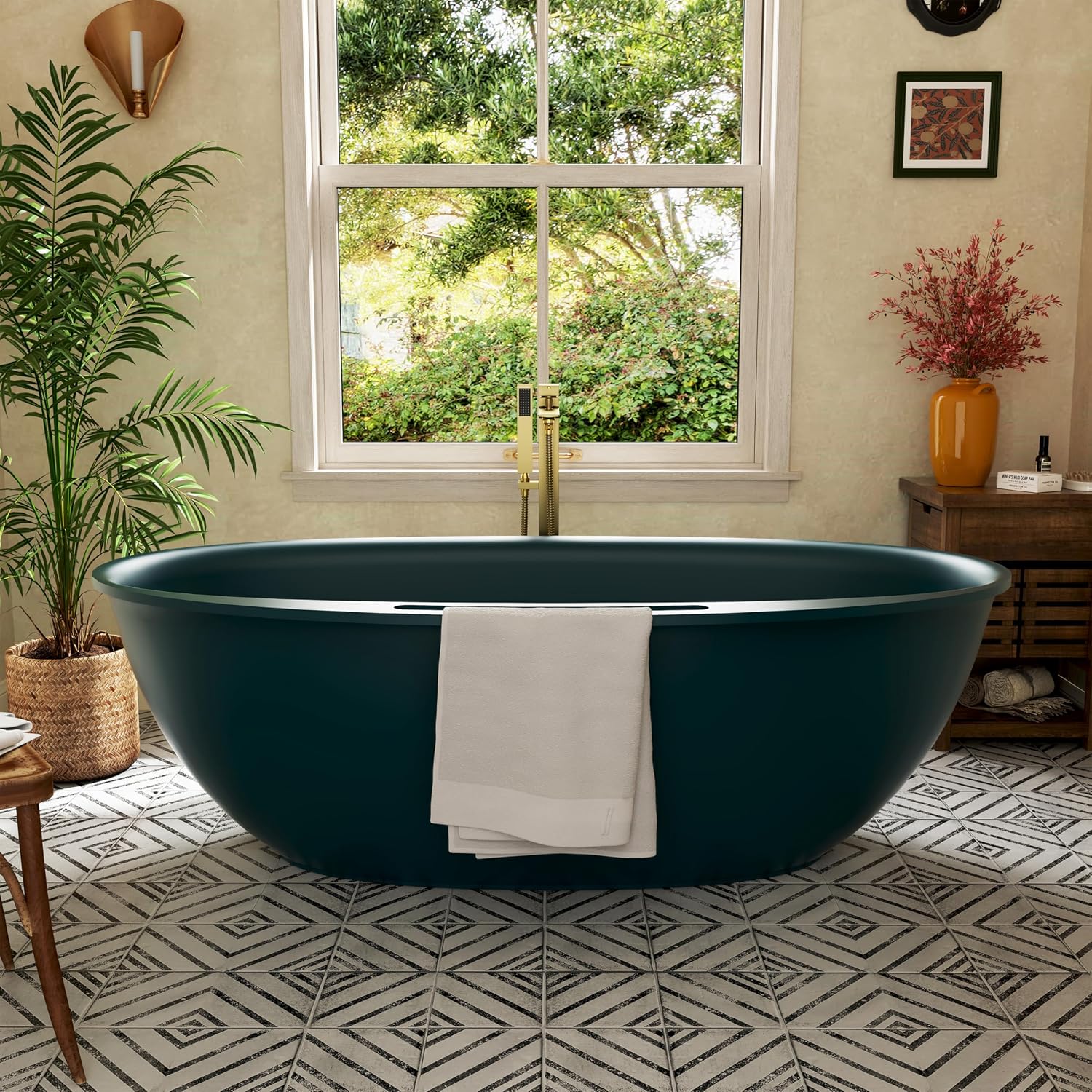 CASAINC 63' Solid Surface Free Standing Tub Deep Teal Stone Resin Freestanding Bathtub Soaking Tub with Drain, Drain Hose & Sanding Paper